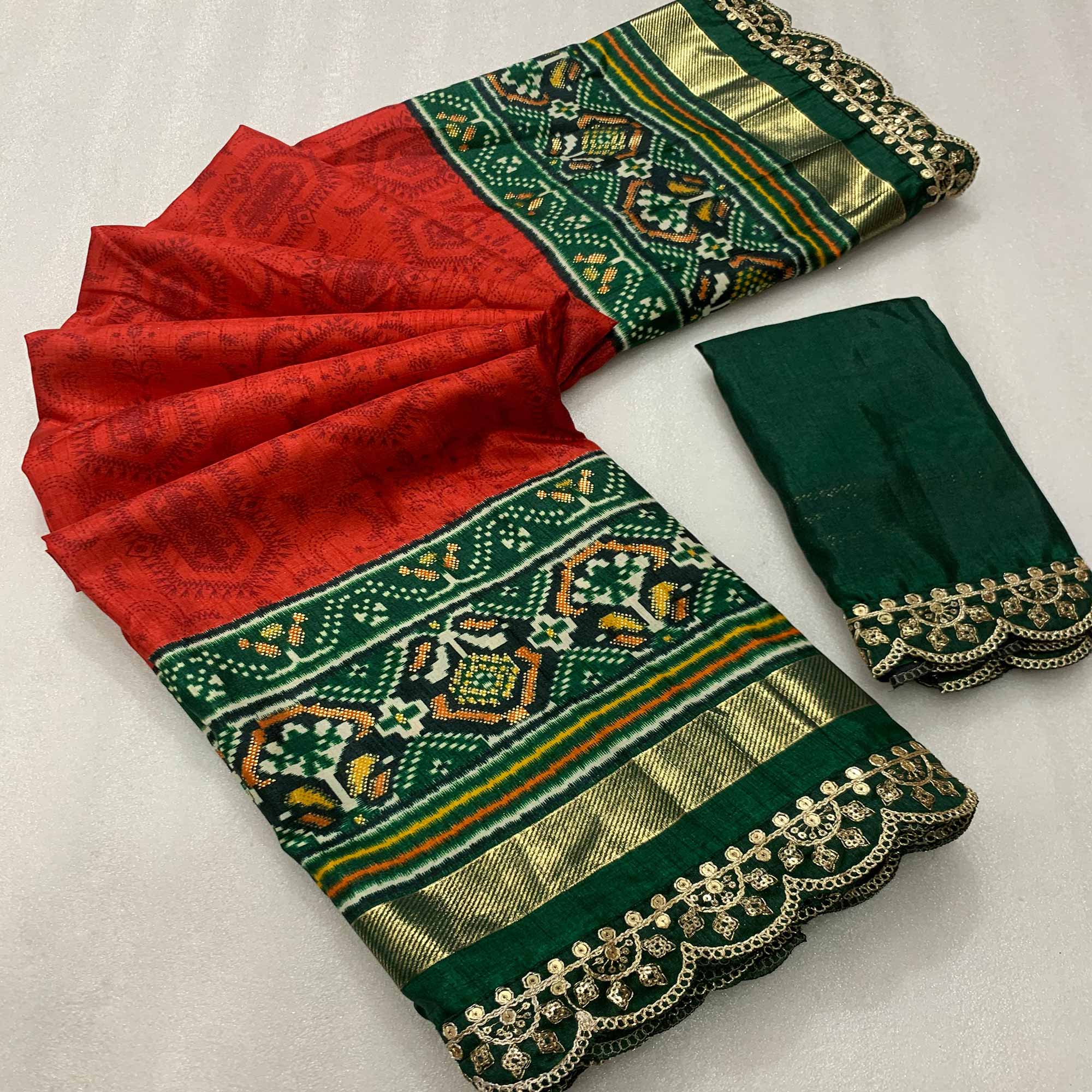 Red & Green Ikkat Foil Printed Silk Saree With Sequins Embroidery Border