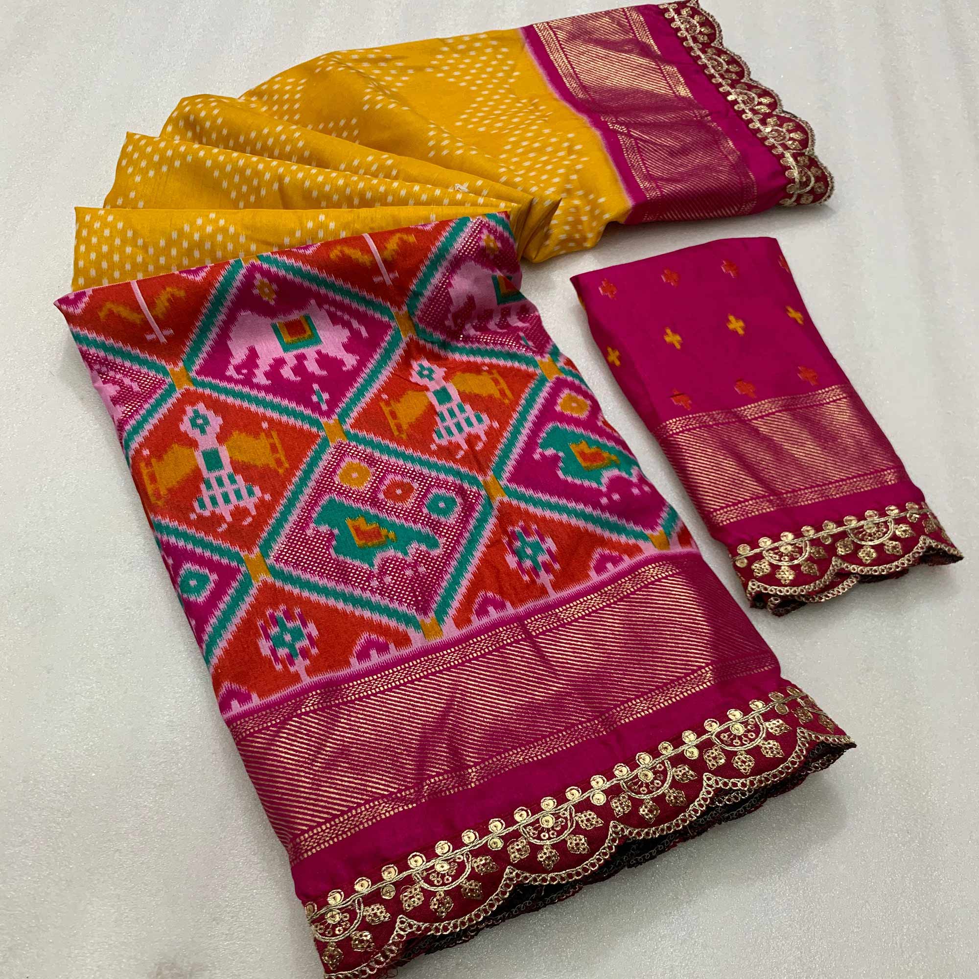 Yellow & Rani Pink Ikkat Foil Printed Silk Saree With Sequins Embroidery Border