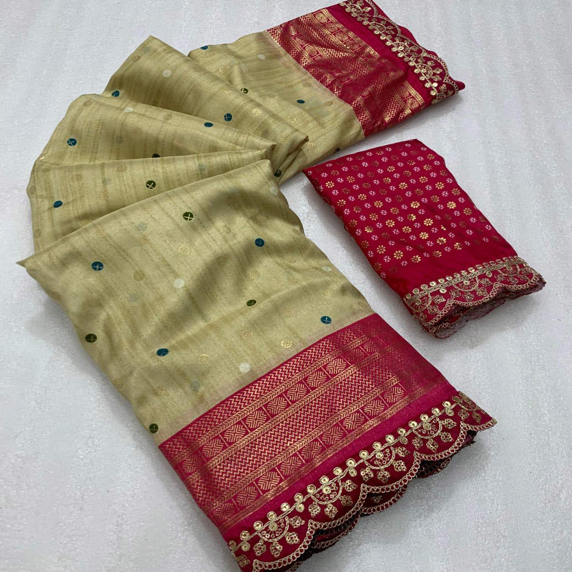 Chikoo & Pink Foil Printed Dola Silk Saree With Sequins Embroidered Border