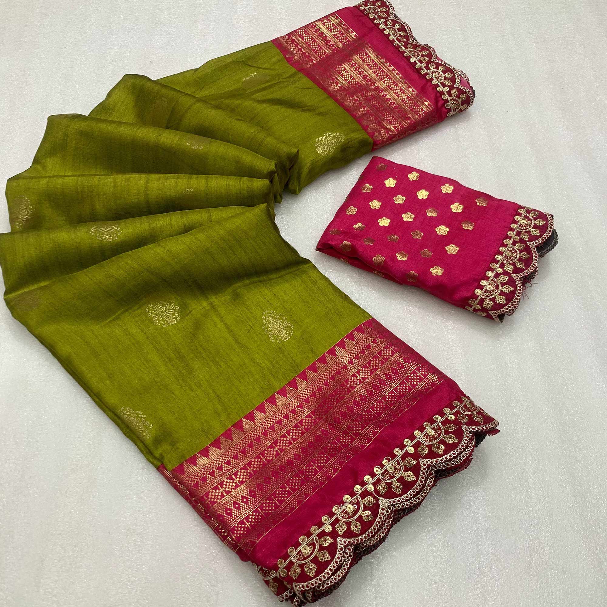 Green & Pink Foil Printed Dola Silk Saree With Sequins Embroidered Border