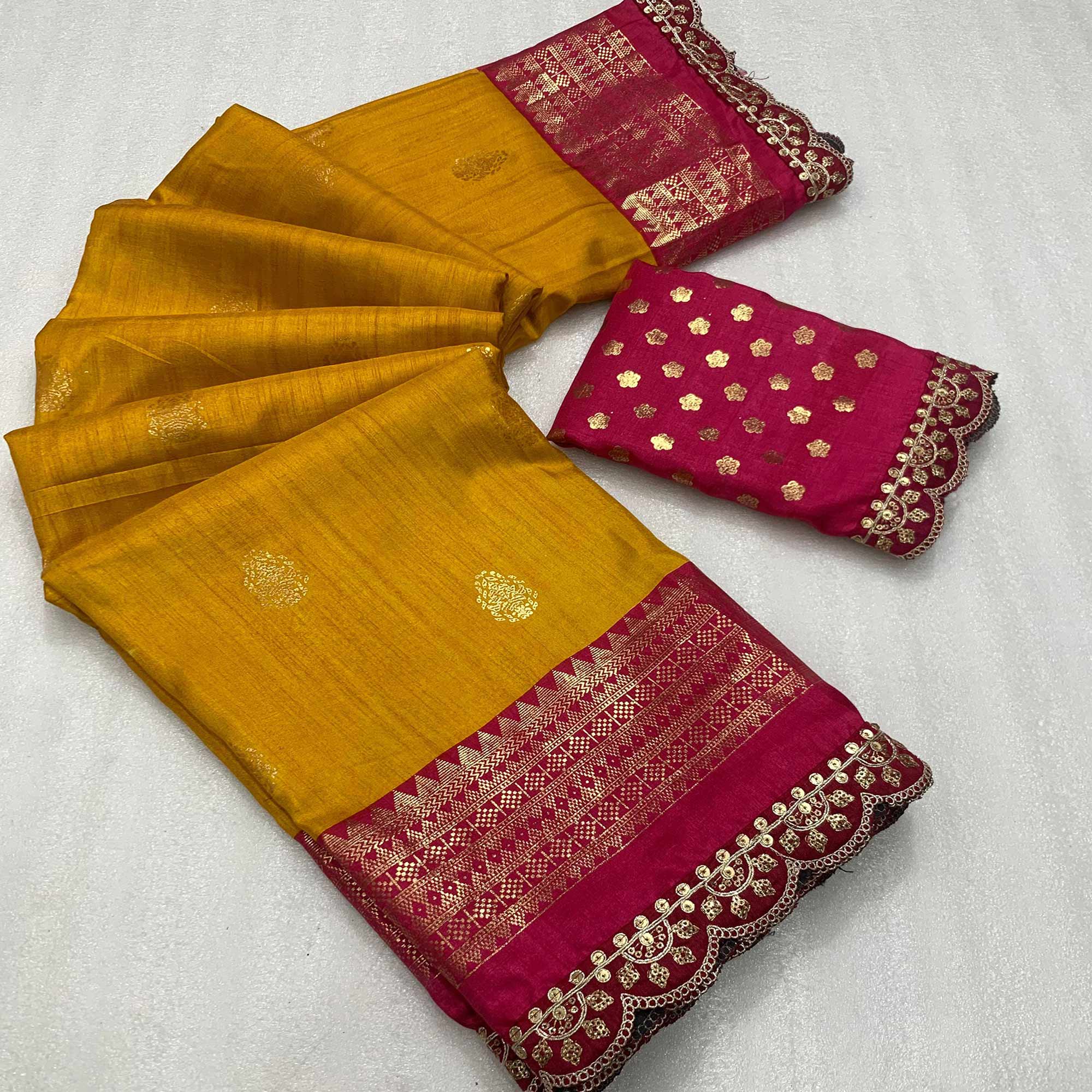 Mustard & Pink Foil Printed Dola Silk Saree With Sequins Embroidered Border