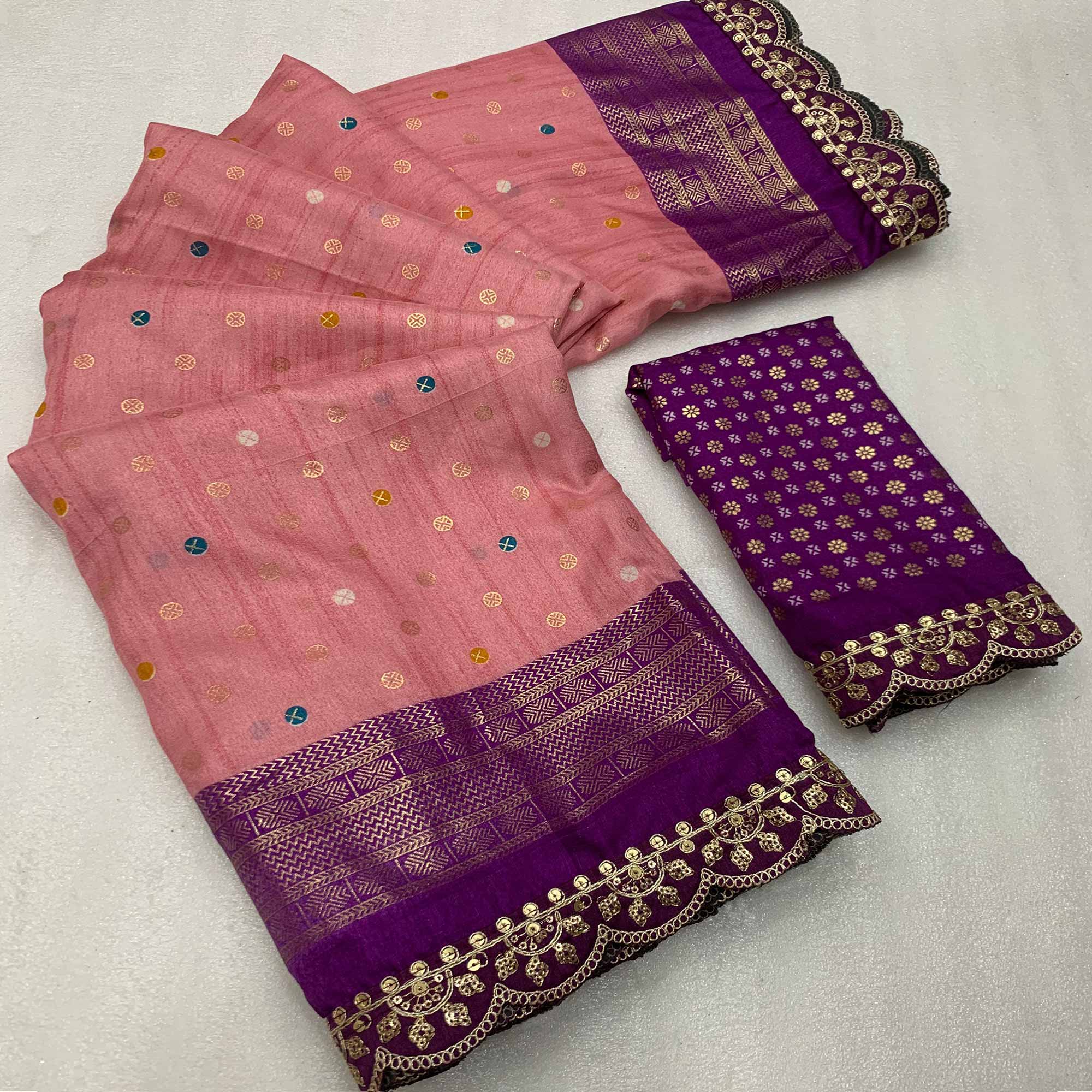 Peach & Purple Foil Printed Dola Silk Saree With Sequins Embroidered Border