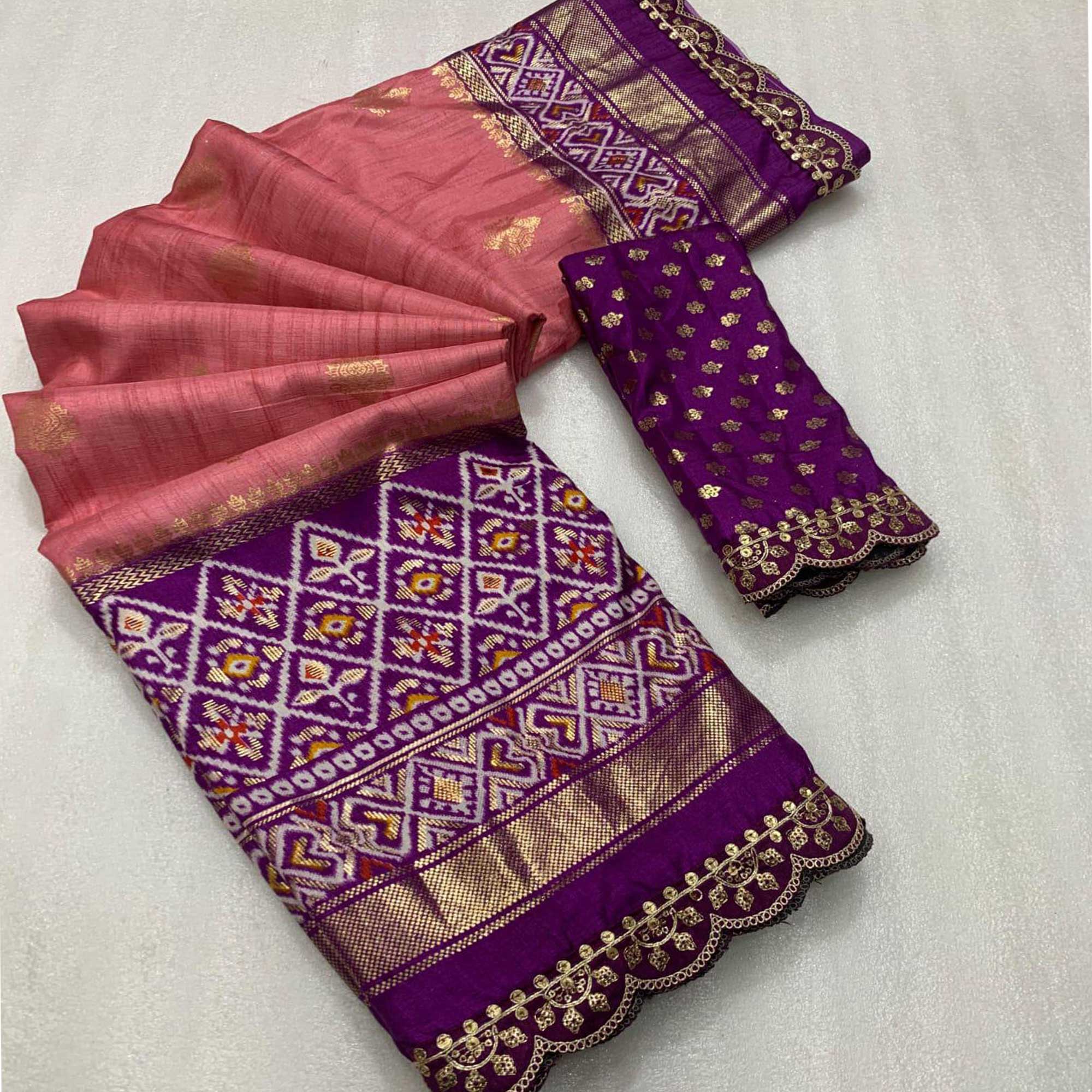 Peach & Purple Foil Printed Dola Silk Saree With Sequins Embroidered Border