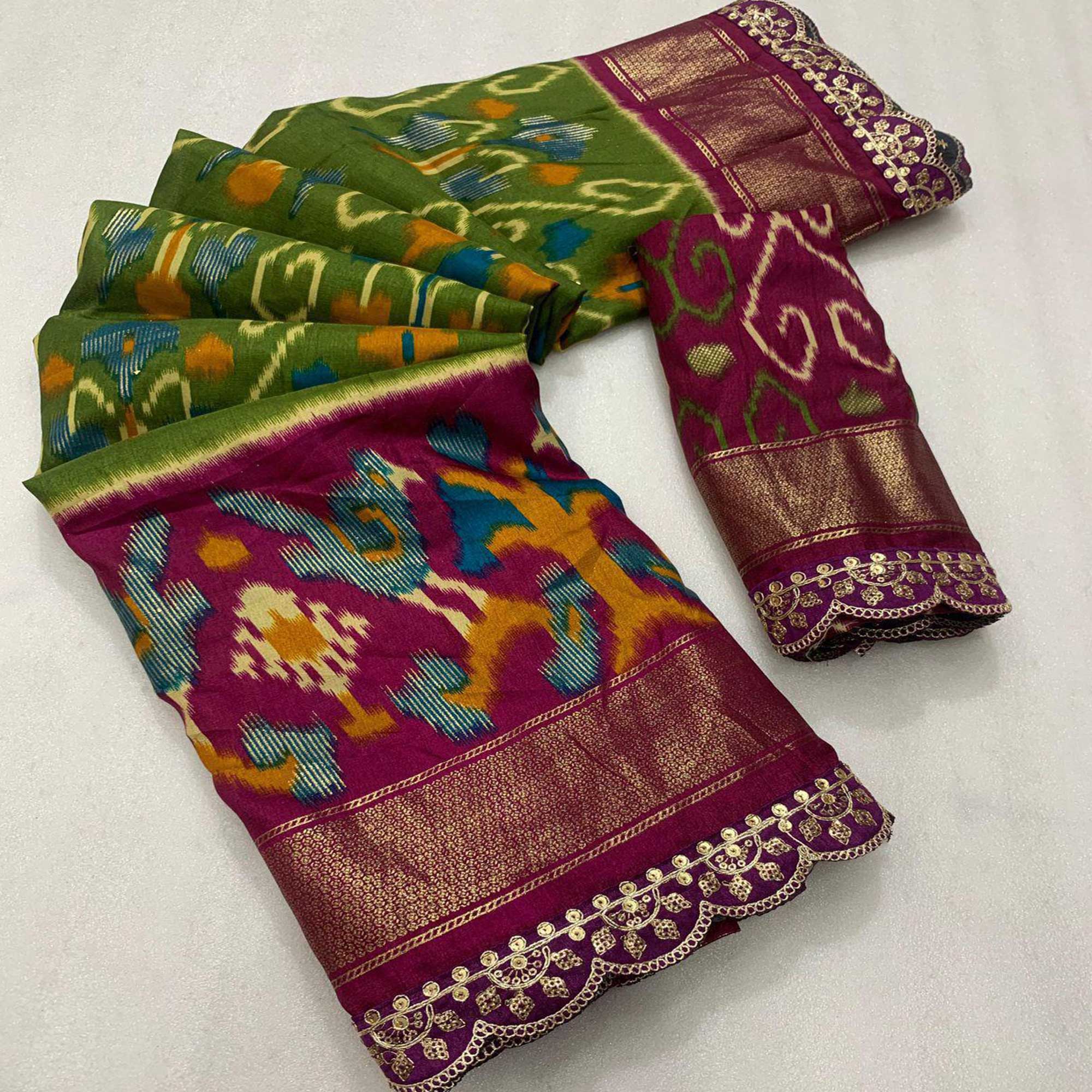 Green & Wine Ikkat Printed Dola Silk Saree With Sequins Embroidered Border