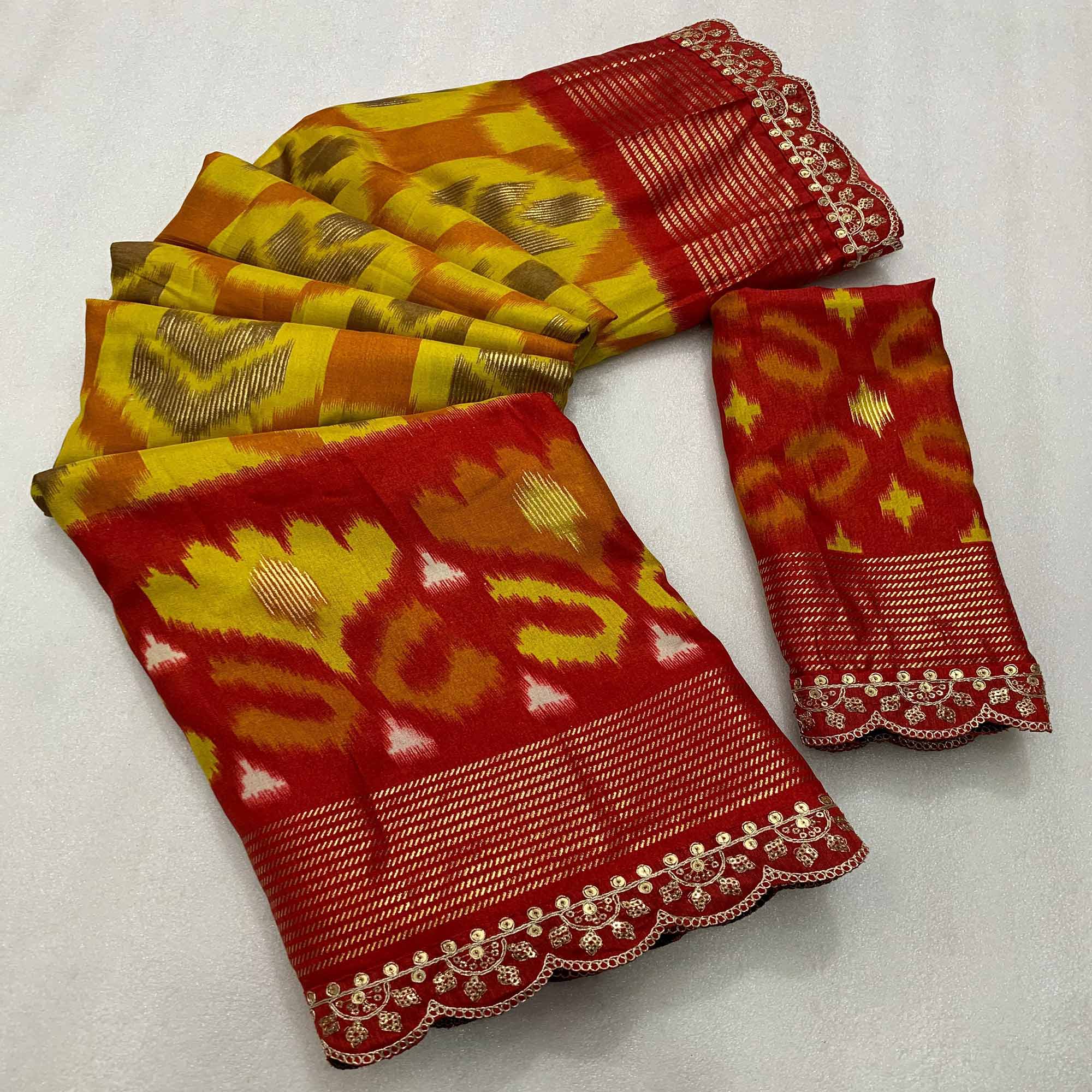 Lemon Yellow & Red Ikkat Printed Dola Silk Saree With Sequins Embroidered Border