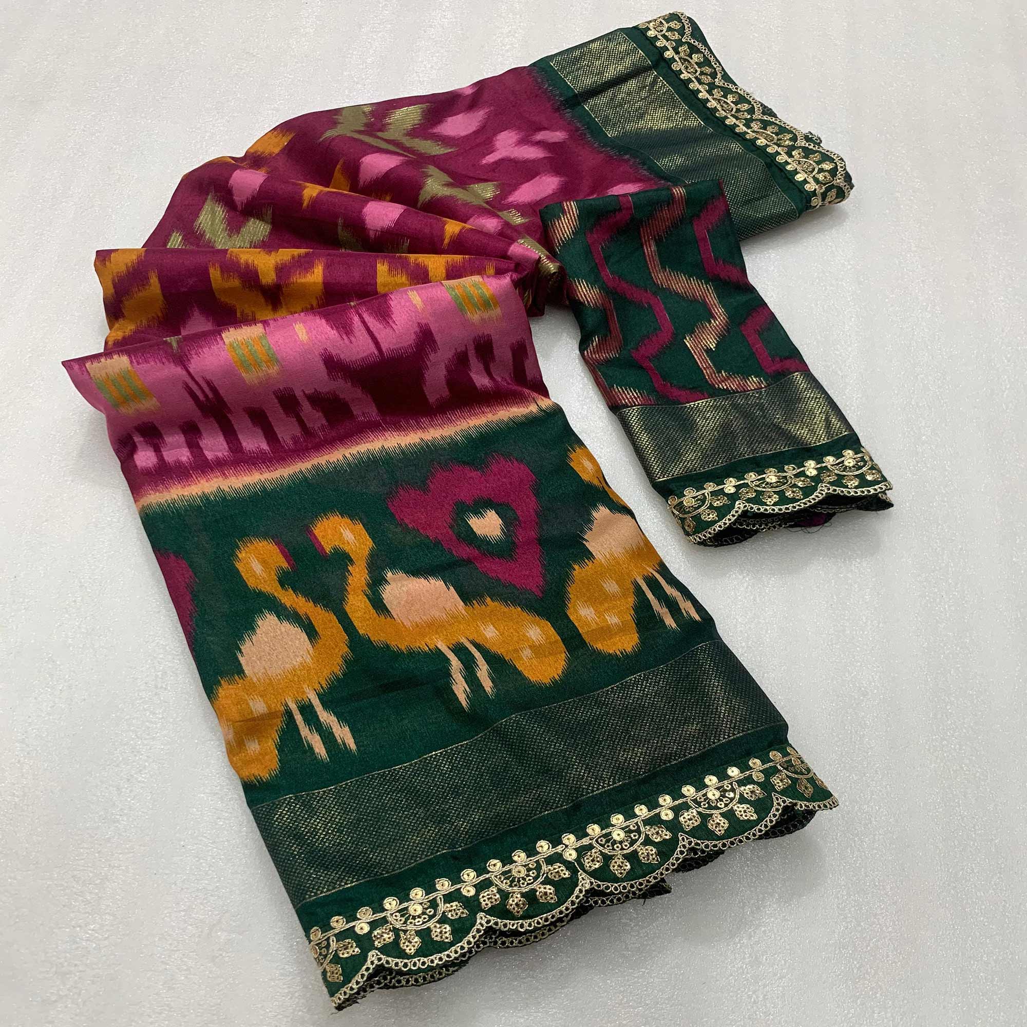 Wine & Green Ikkat Printed Dola Silk Saree With Sequins Embroidered Border