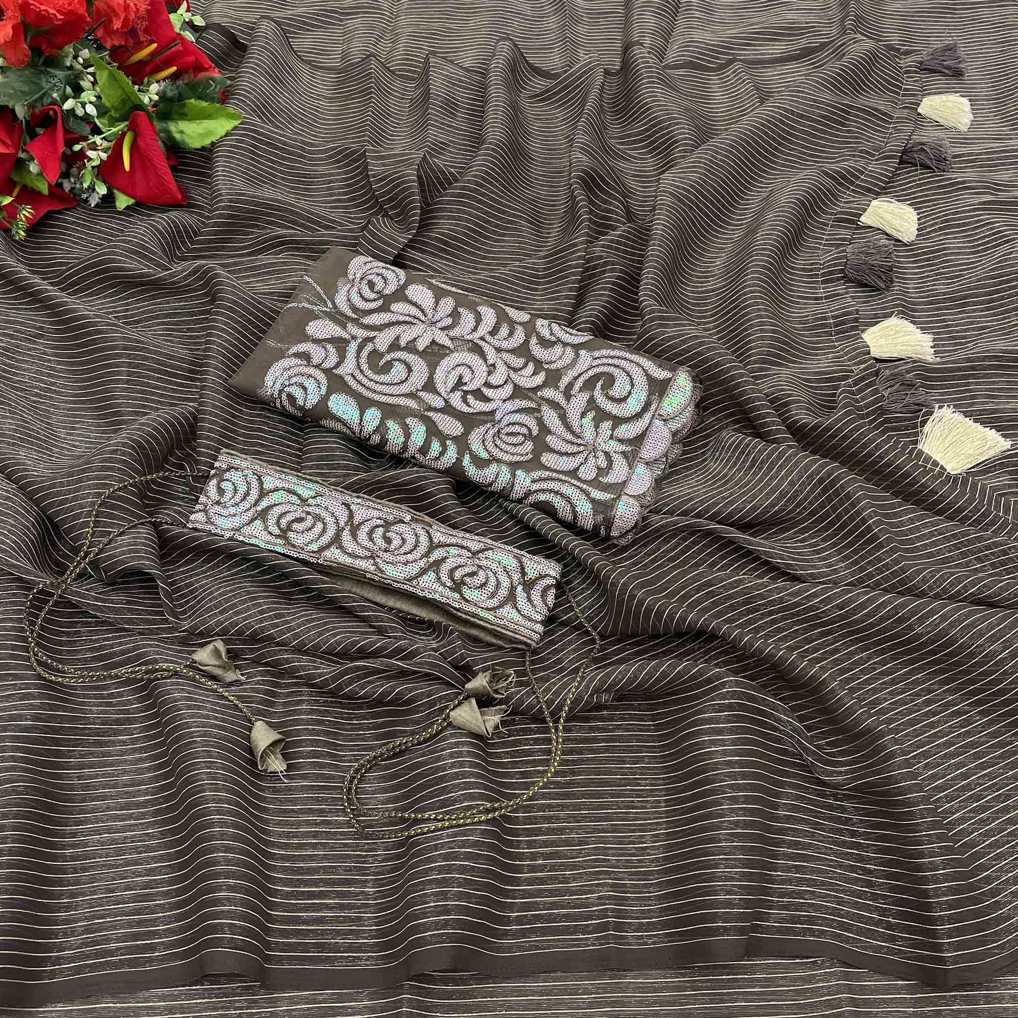 Grey Woven Chiffon Saree with Tassels