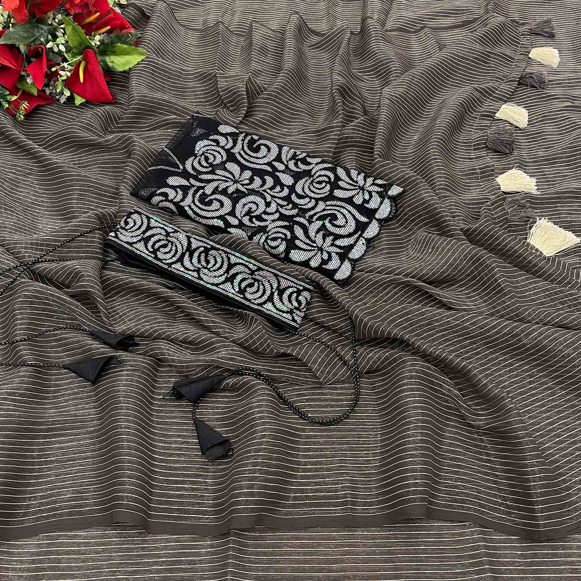 Grey & Black Woven Chiffon Saree with Tassels