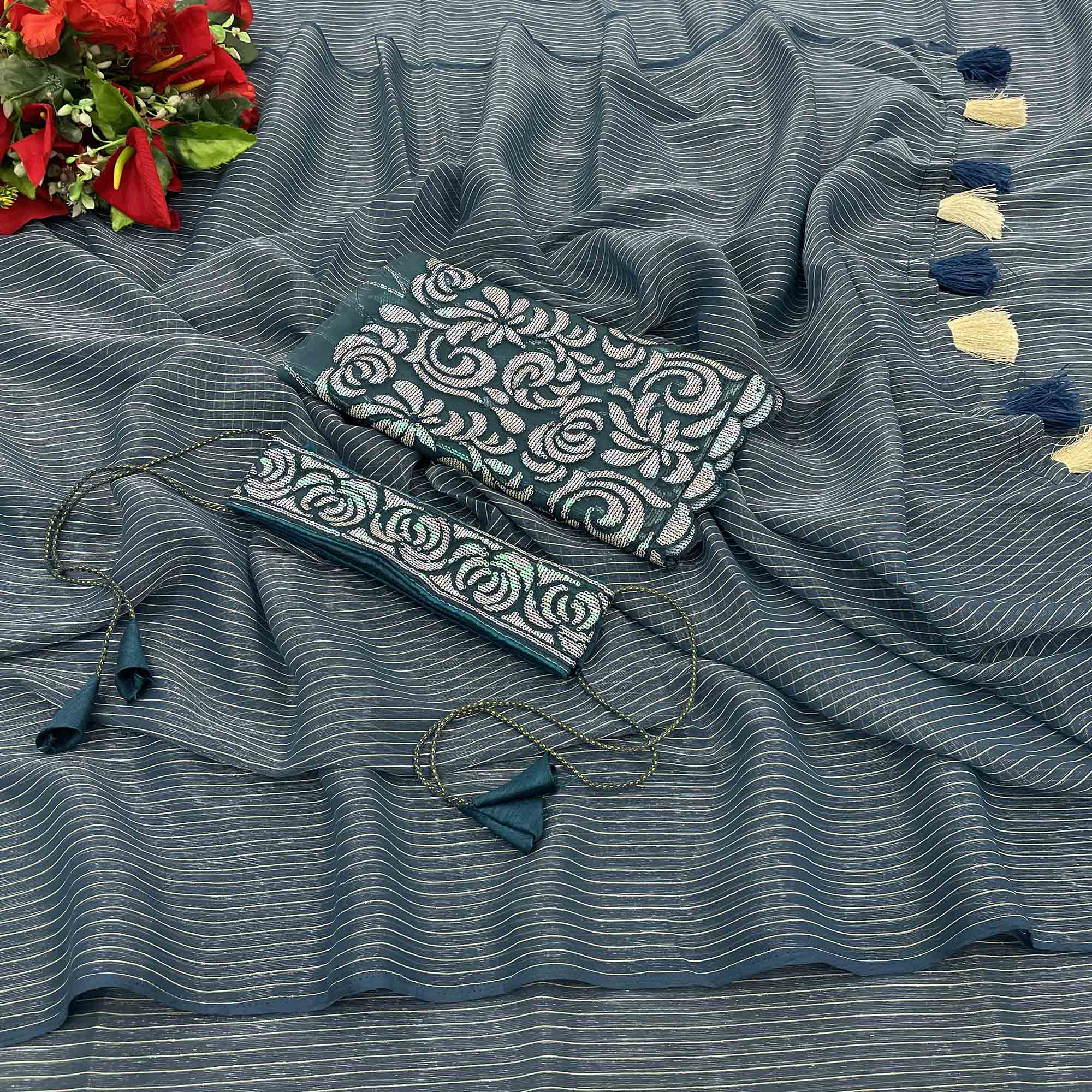 Grey & Rama Blue Woven Chiffon Saree with Tassels