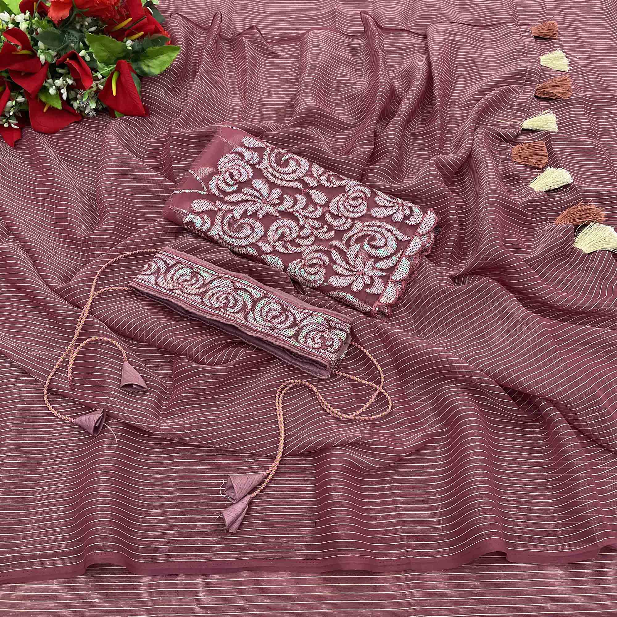 Peach Woven Chiffon Saree with Tassels