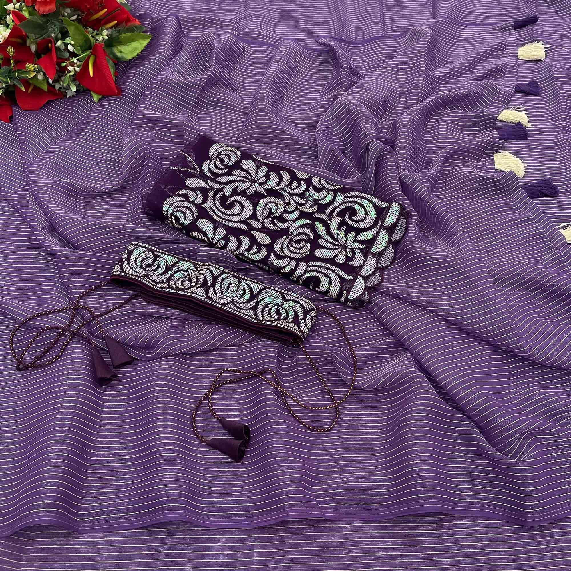 Purple Woven Chiffon Saree with Tassels