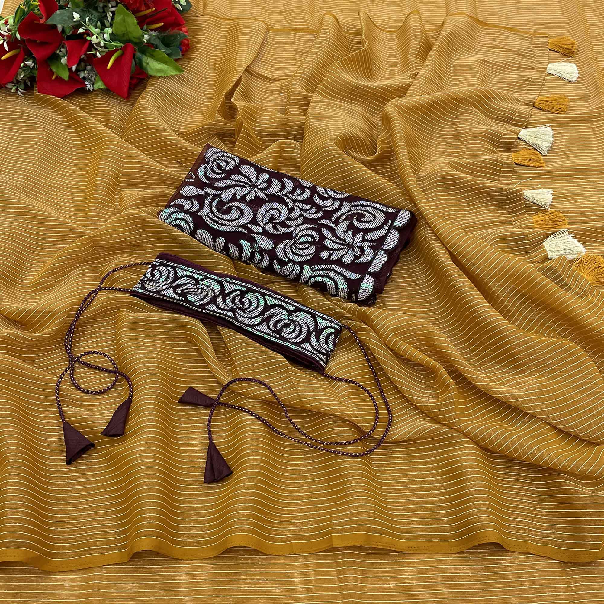 Yellow & Wine Woven Chiffon Saree with Tassels