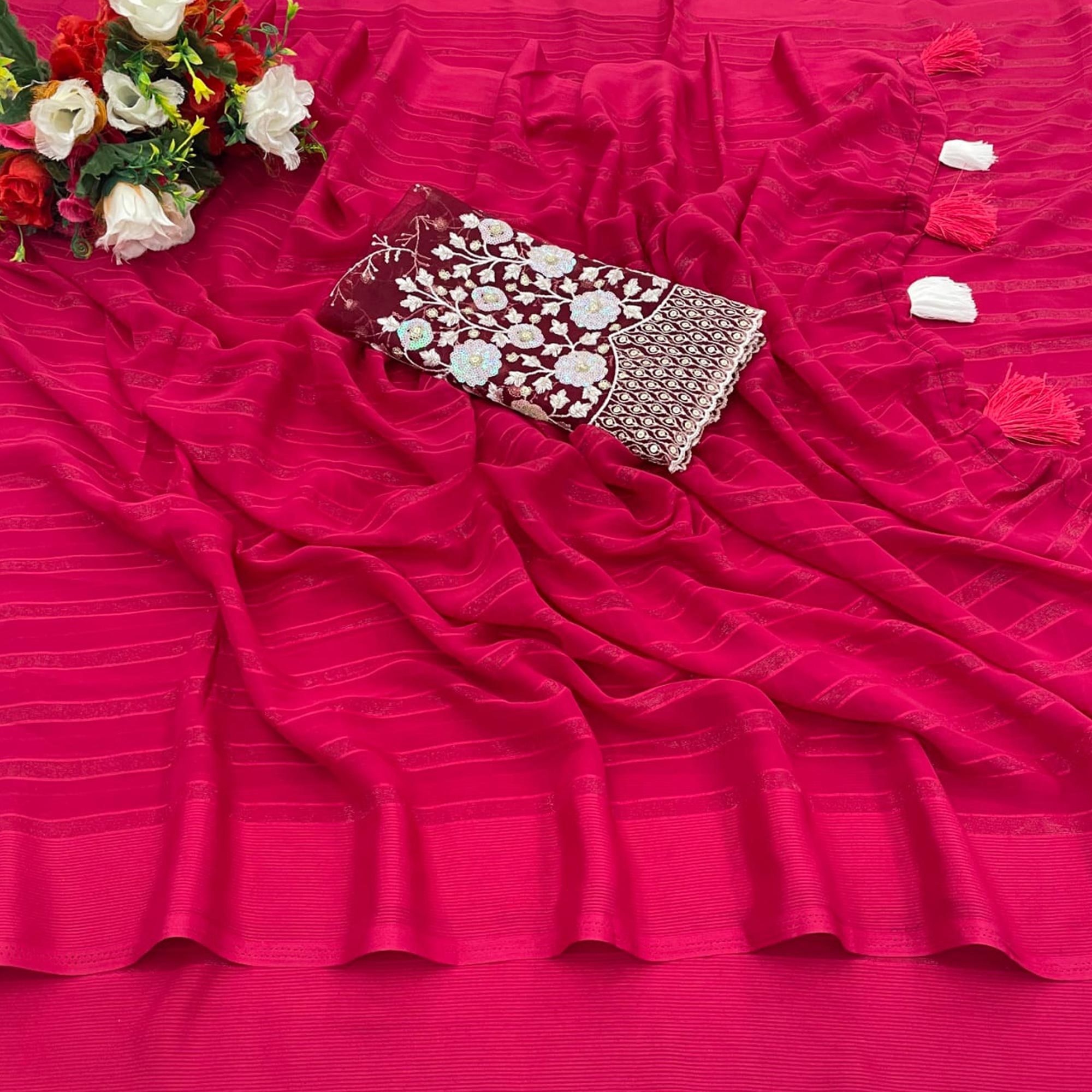 Cherry Pink Zari Striped Chiffon Saree With Tassels