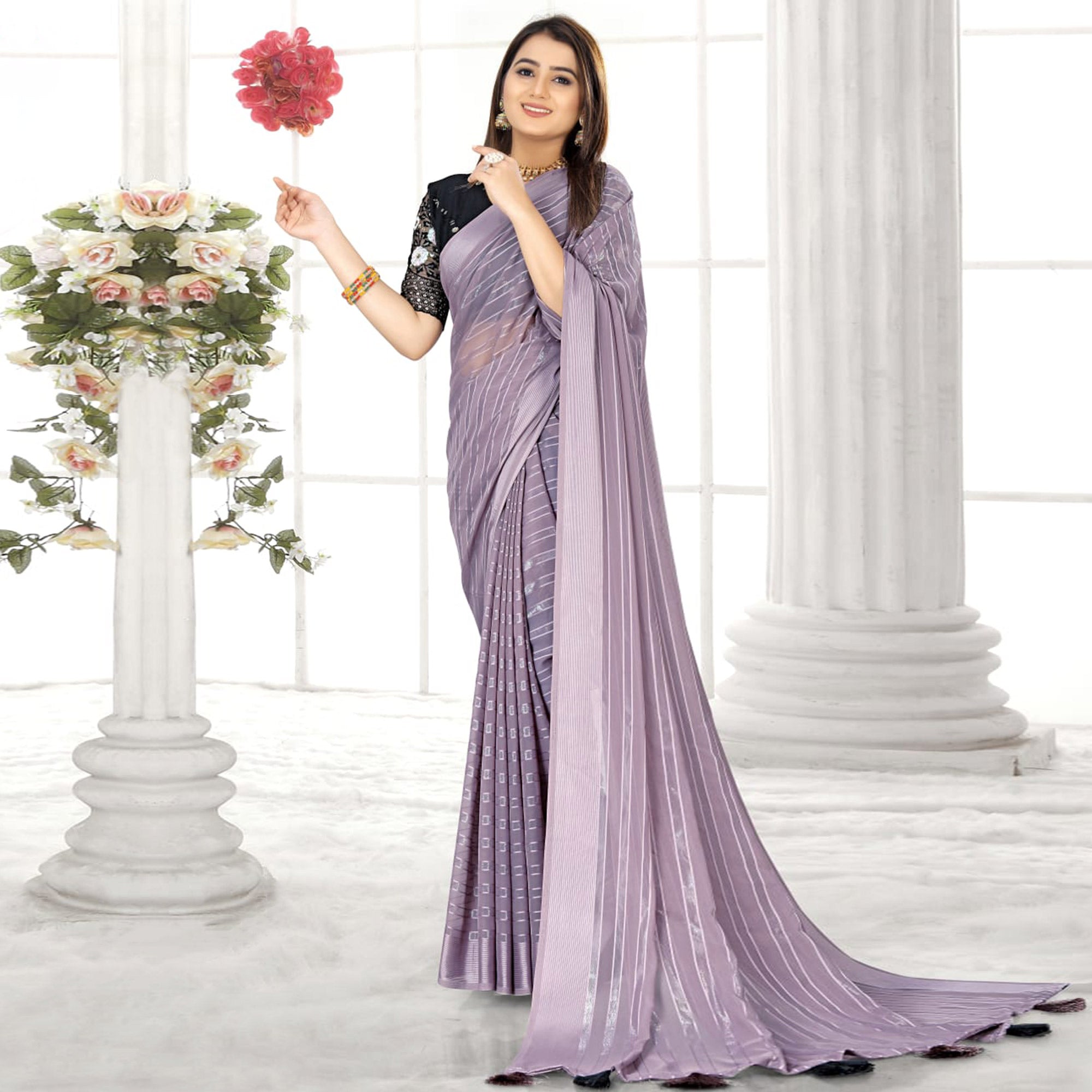 Light Purple Zari Striped Chiffon Saree With Tassels
