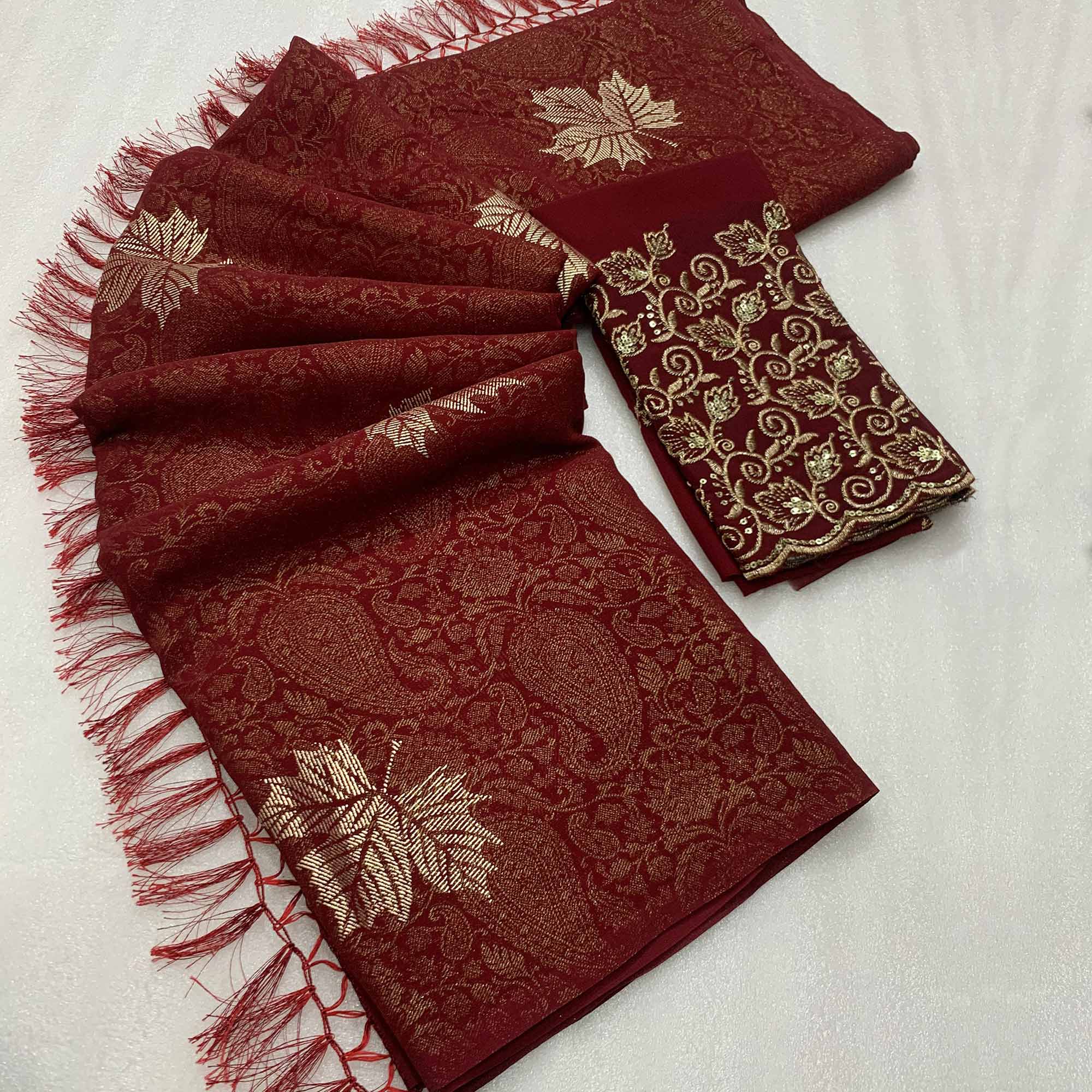 Maroon Foil Printed Georgette Saree With With Tassels