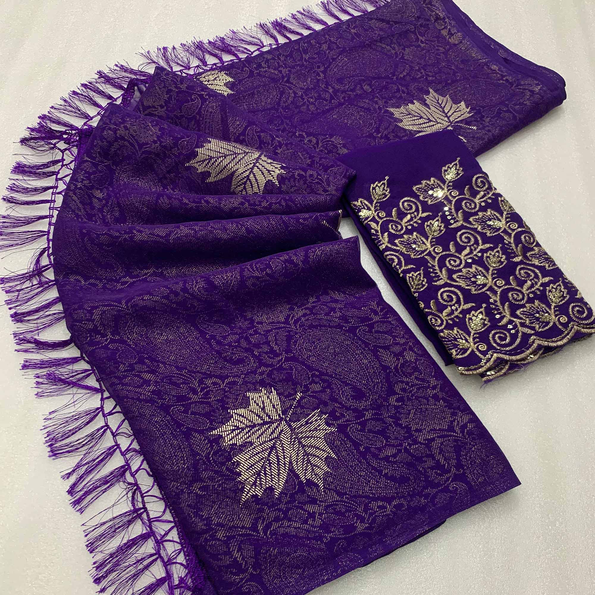 Violet Foil Printed Georgette Saree With With Tassels