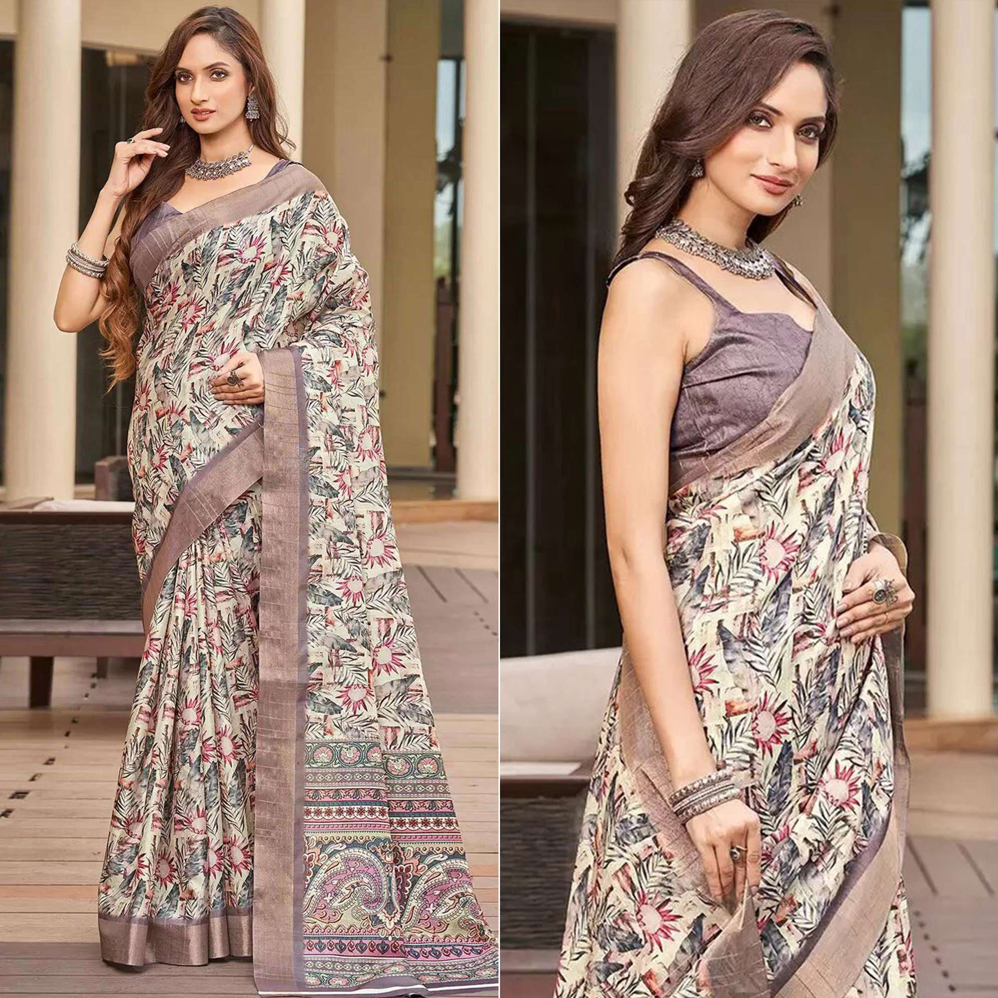 Beige Floral Digital Printed Tussar Silk Saree