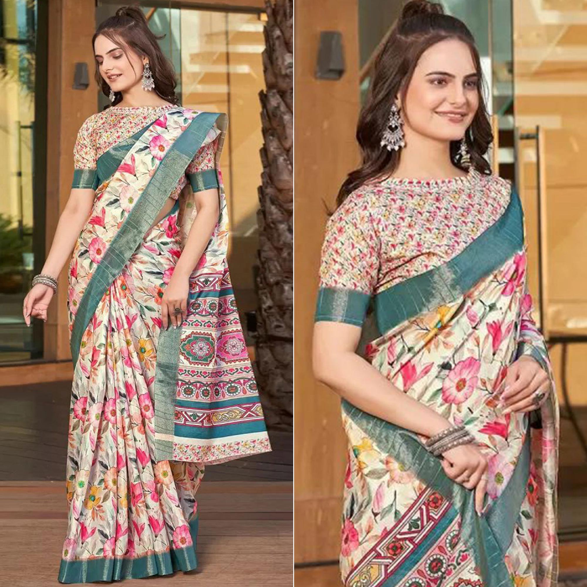 Cream Floral Digital Printed Tussar Silk Saree