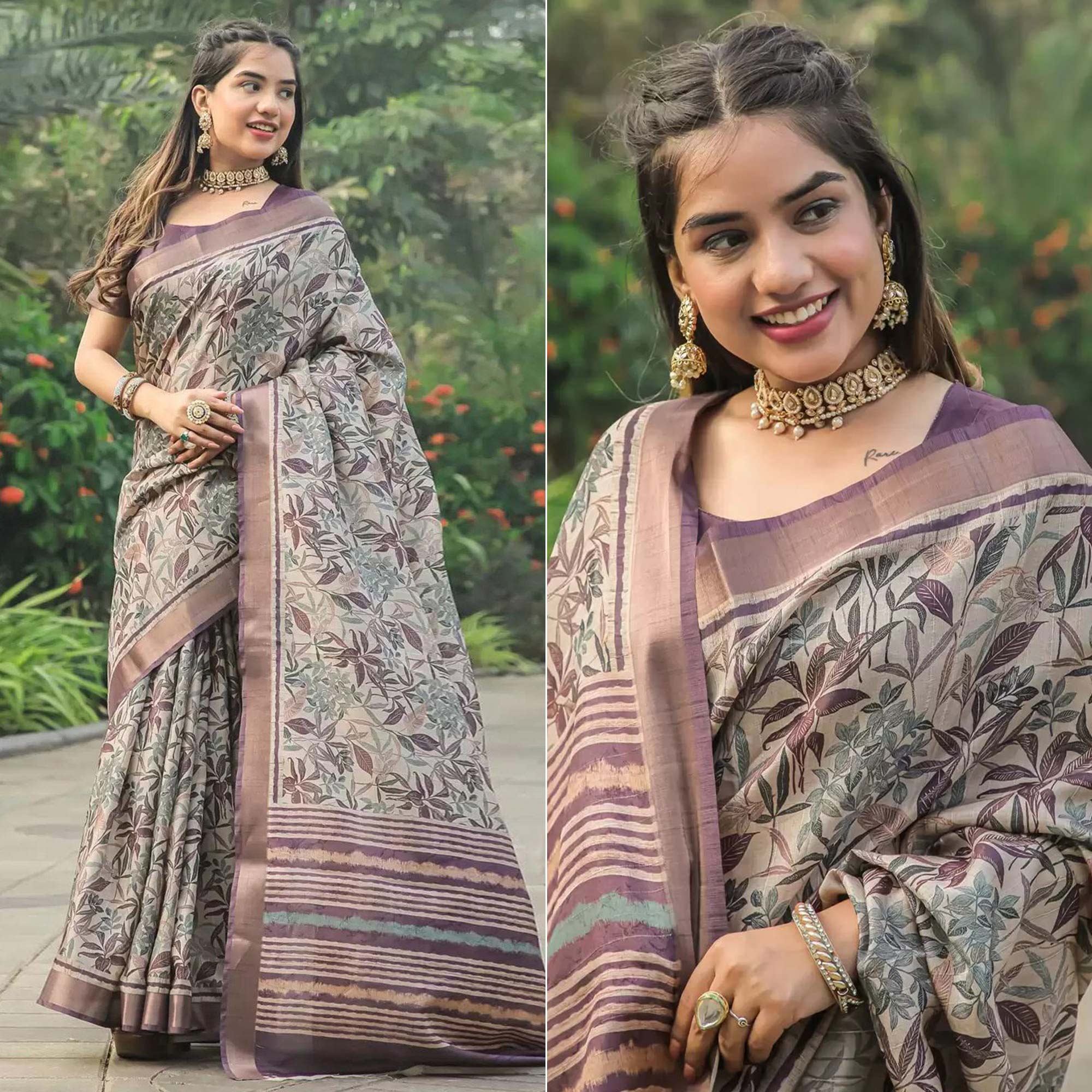 Dusty Brown Floral Digital Printed Tussar Silk Saree