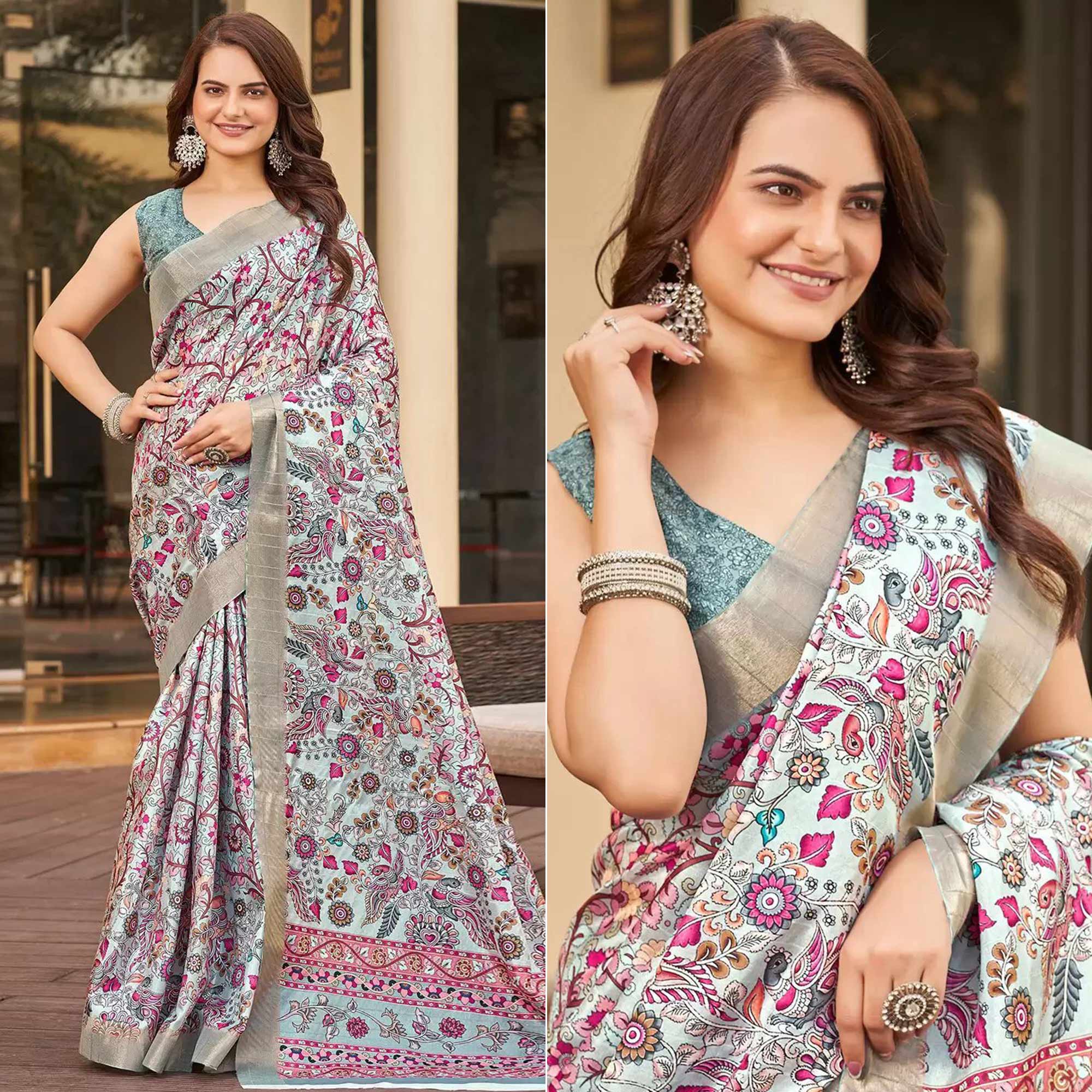 Grey Floral Digital Printed Tussar Silk Saree