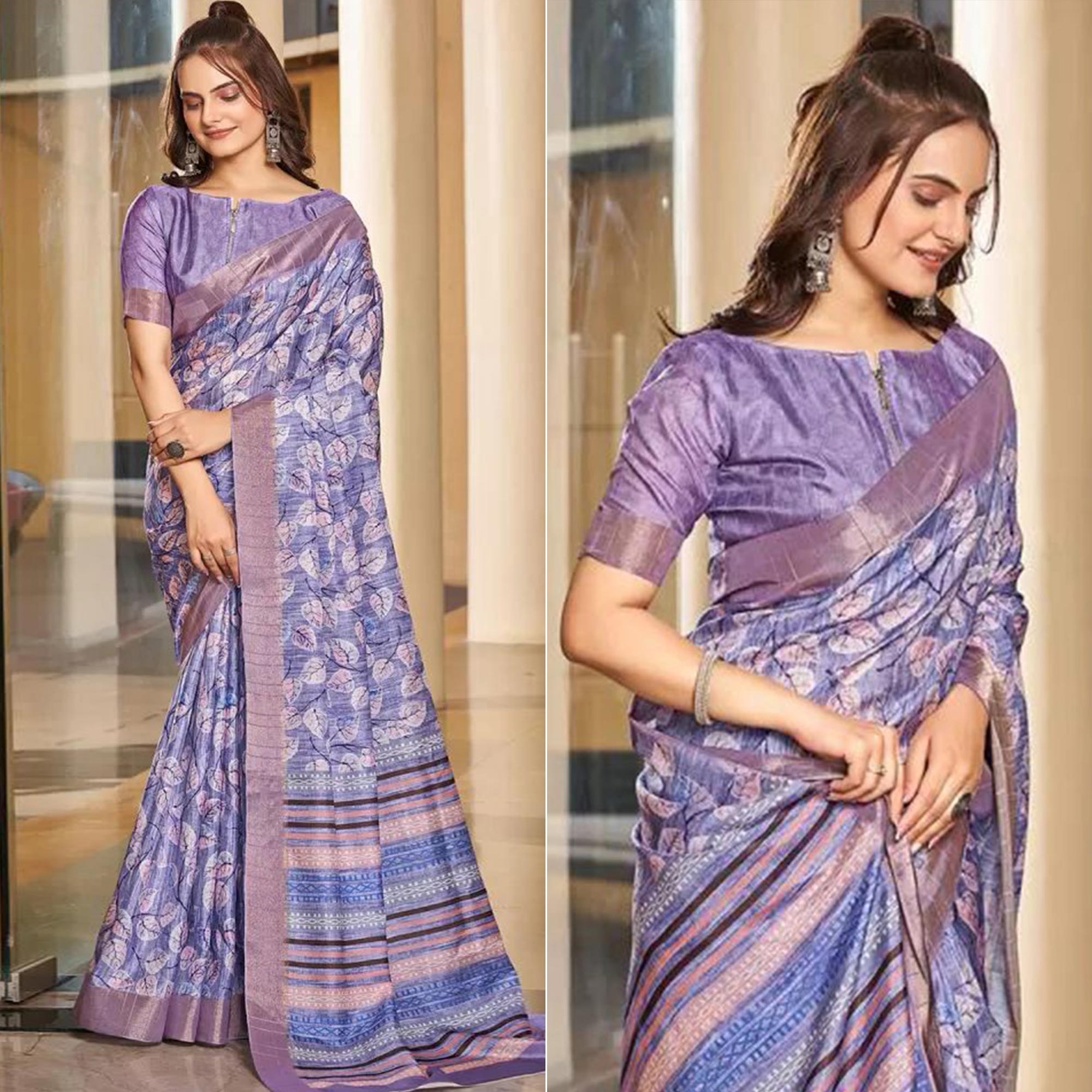 Lavender Floral Digital Printed Tussar Silk Saree