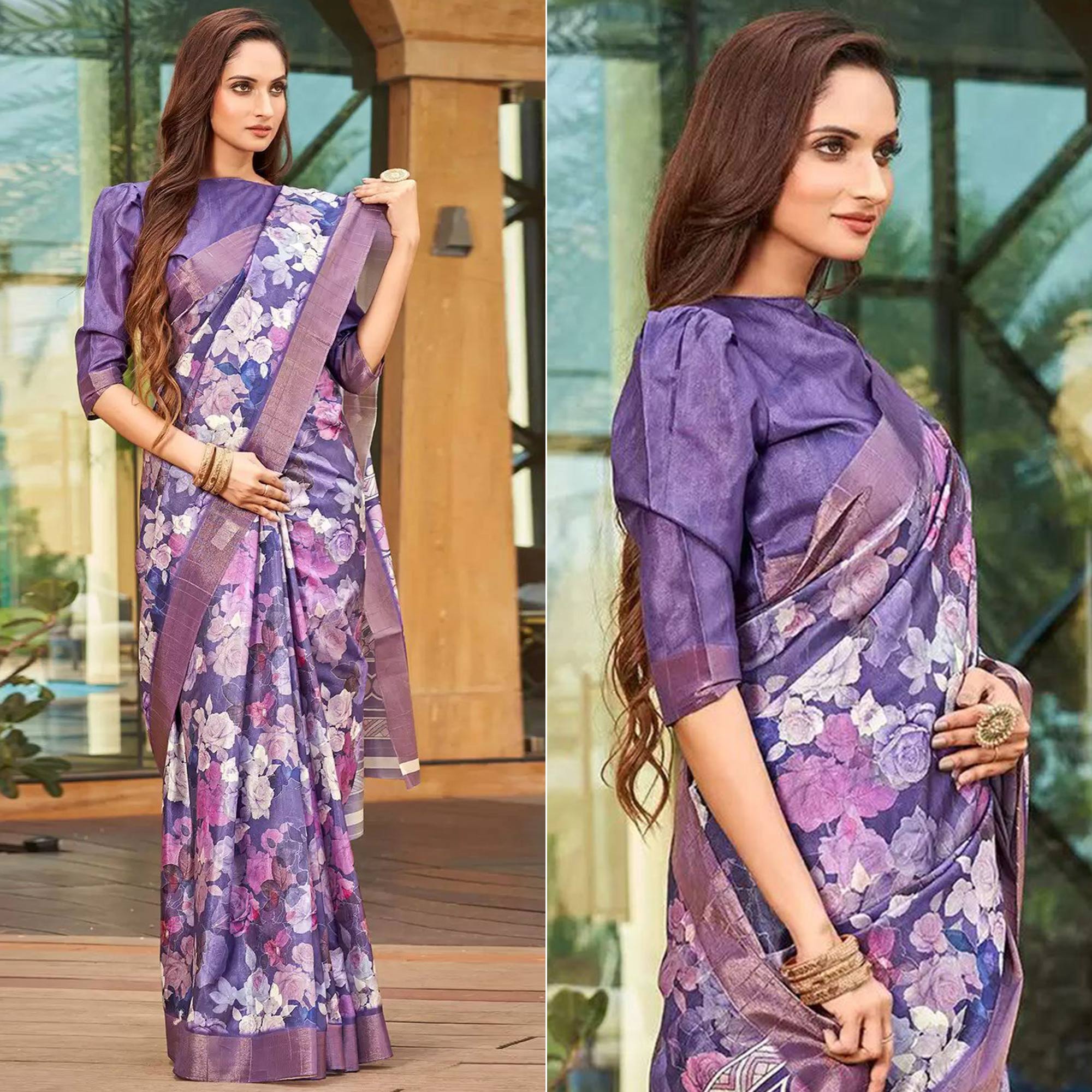 Purple Floral Digital Printed Tussar Silk Saree