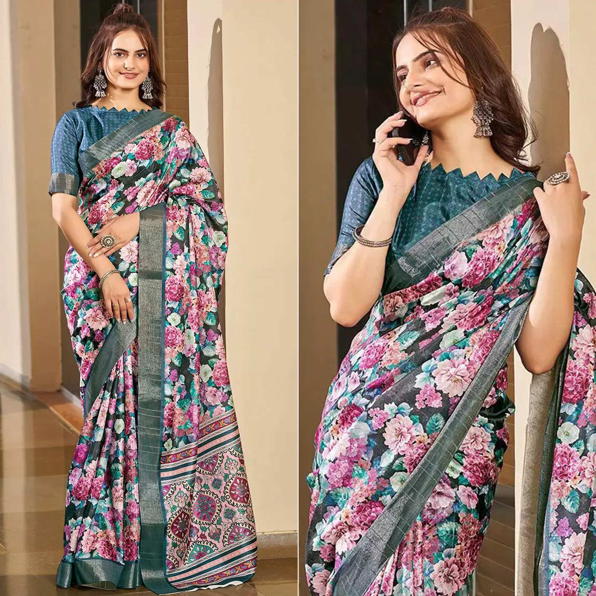 Teal Floral Digital Printed Tussar Silk Saree