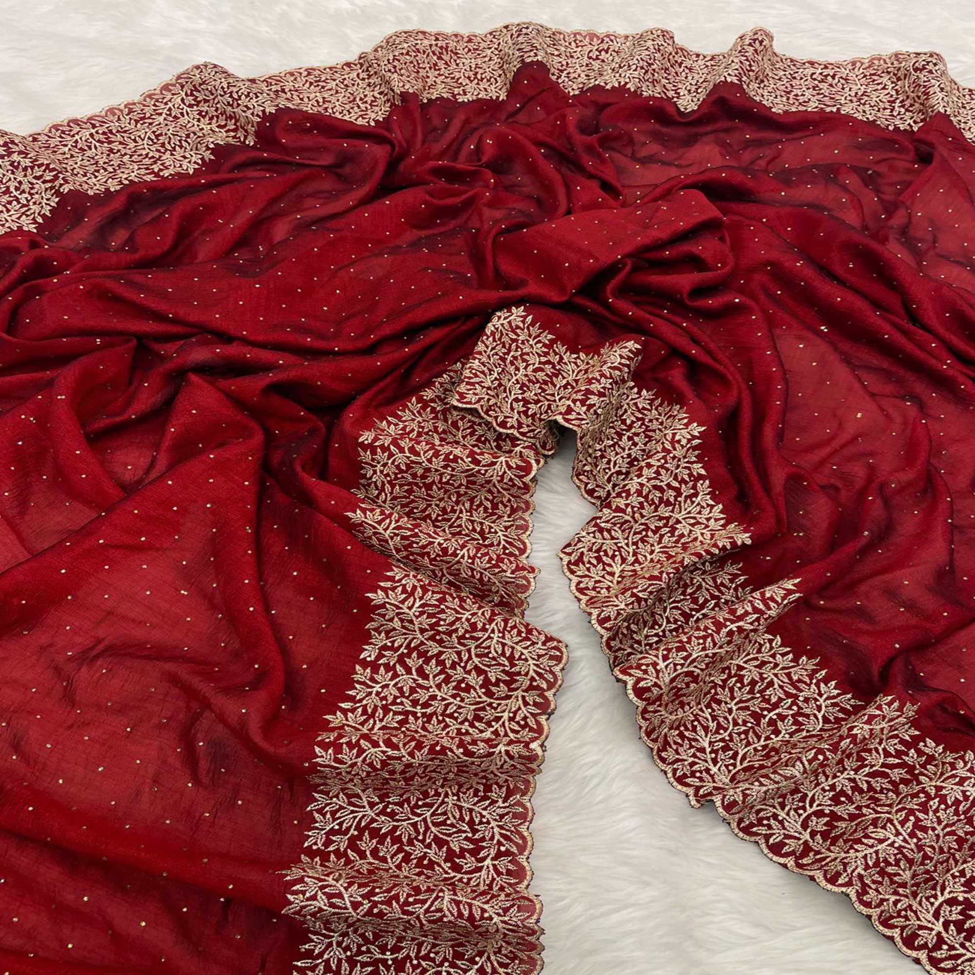 Maroon Zari Embroidered With Stonework Vichitra Silk Saree