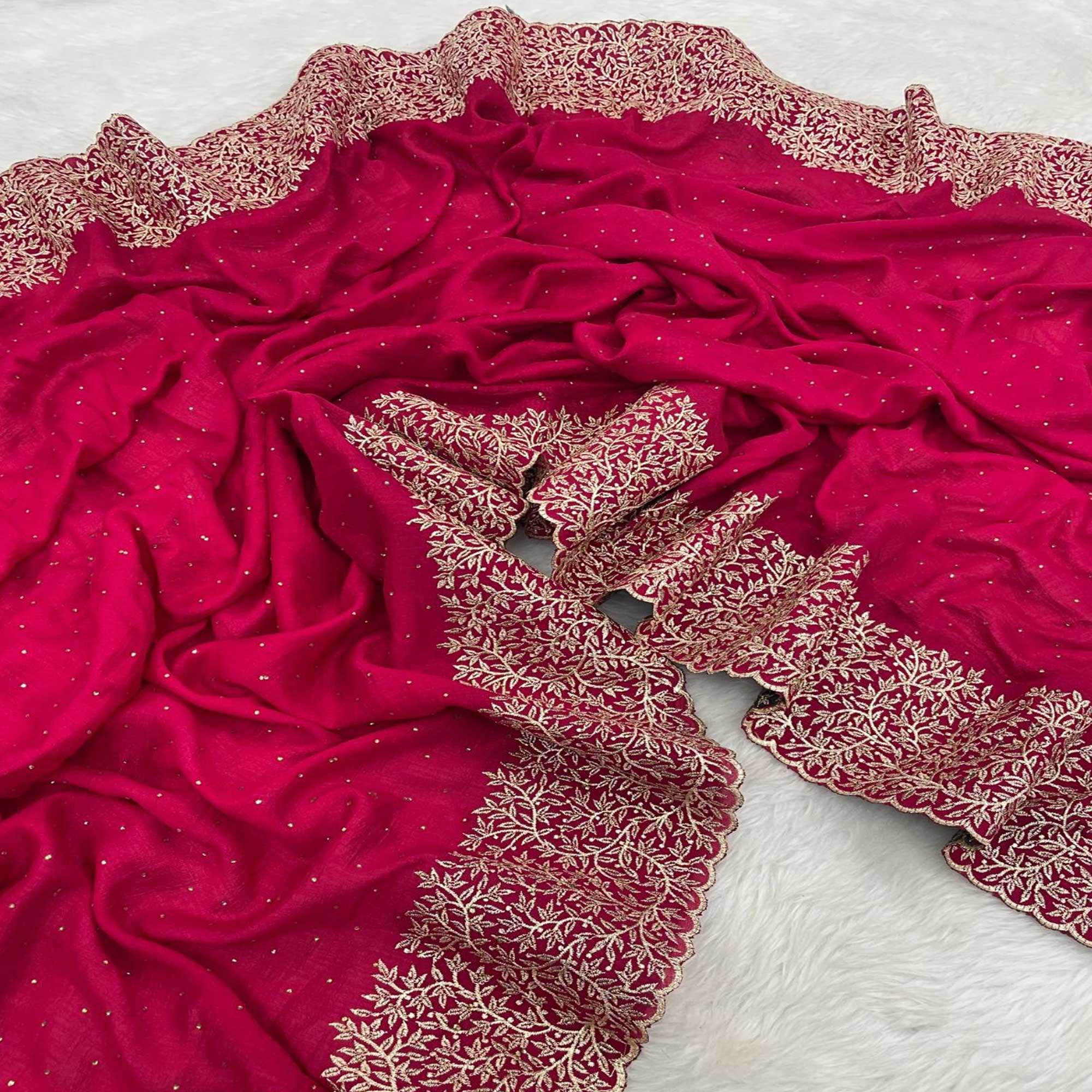 Pink Zari Embroidered With Stonework Vichitra Silk Saree