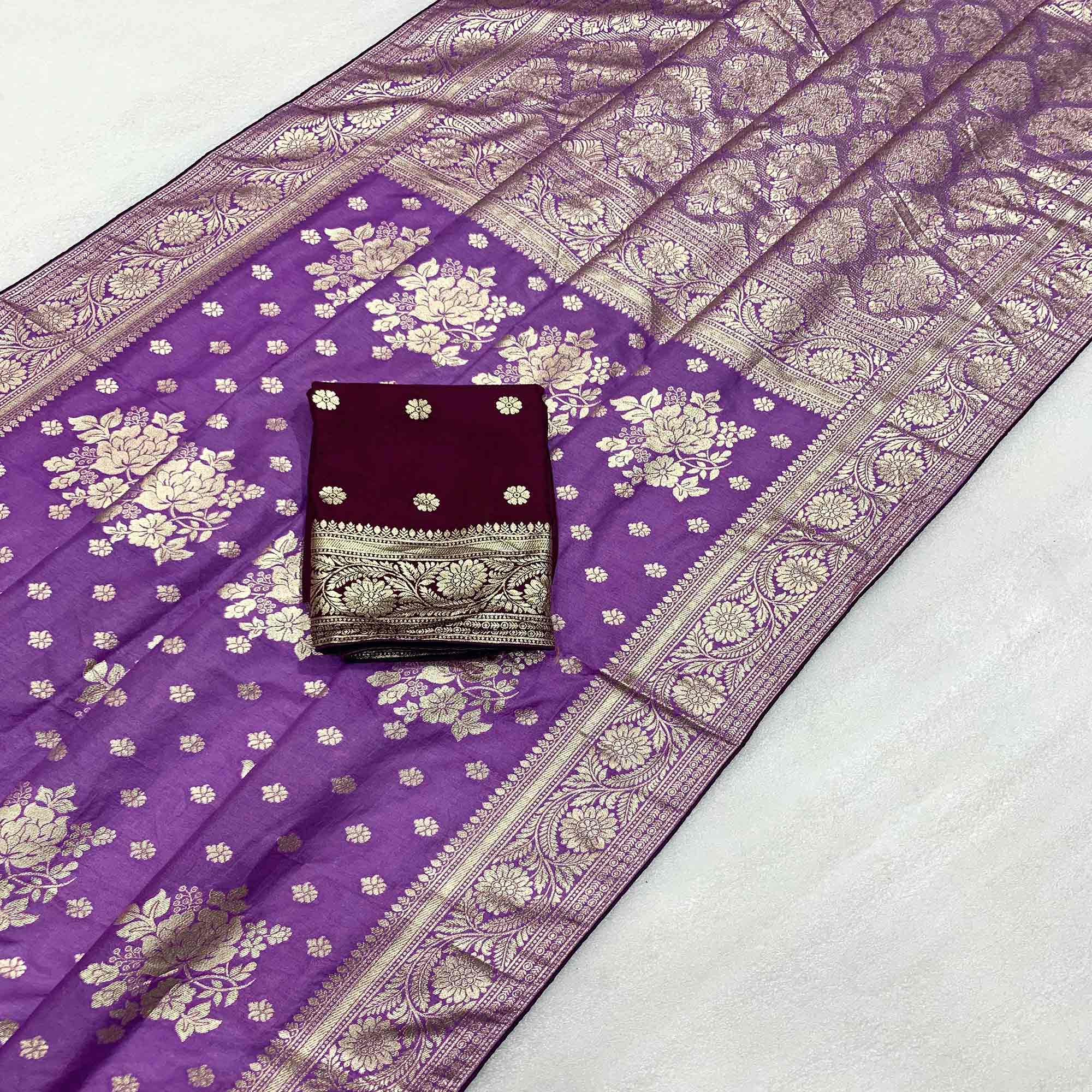 Lavender Floral Woven Dola Silk Saree