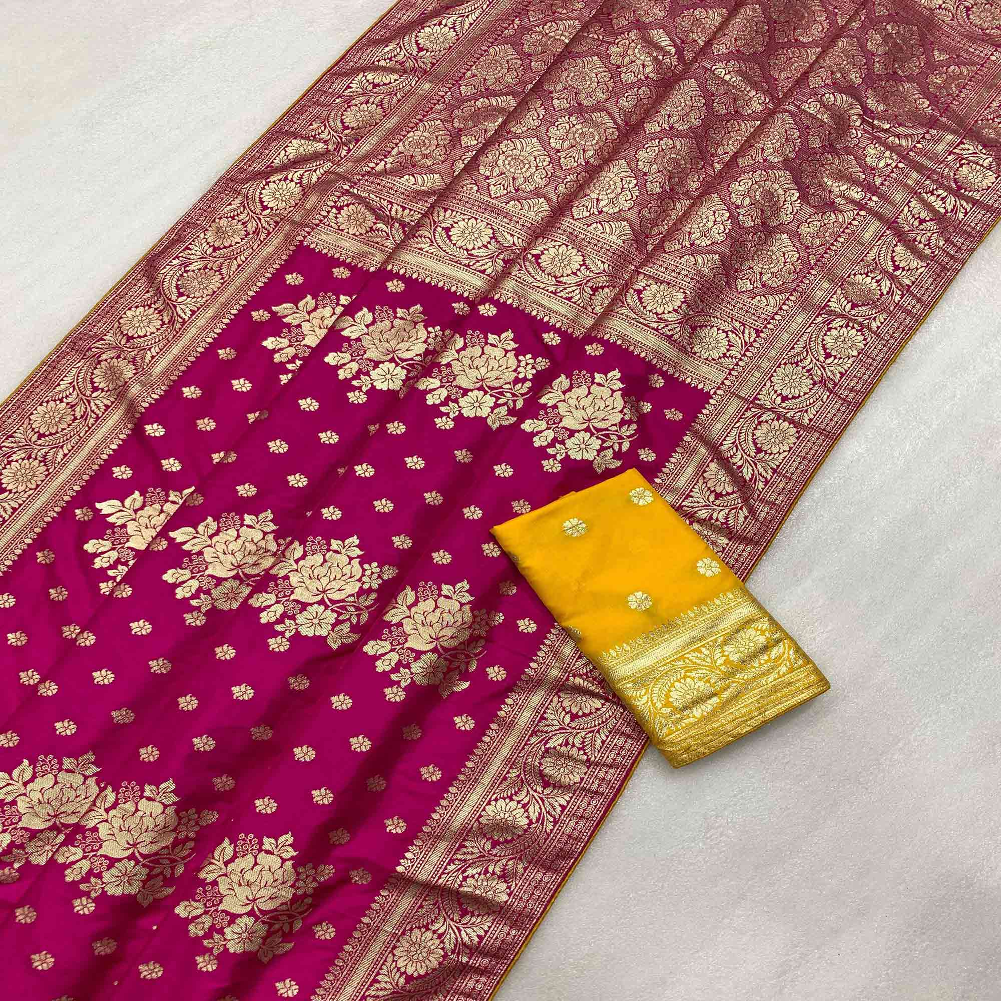 Rani Pink Floral Woven Dola Silk Saree