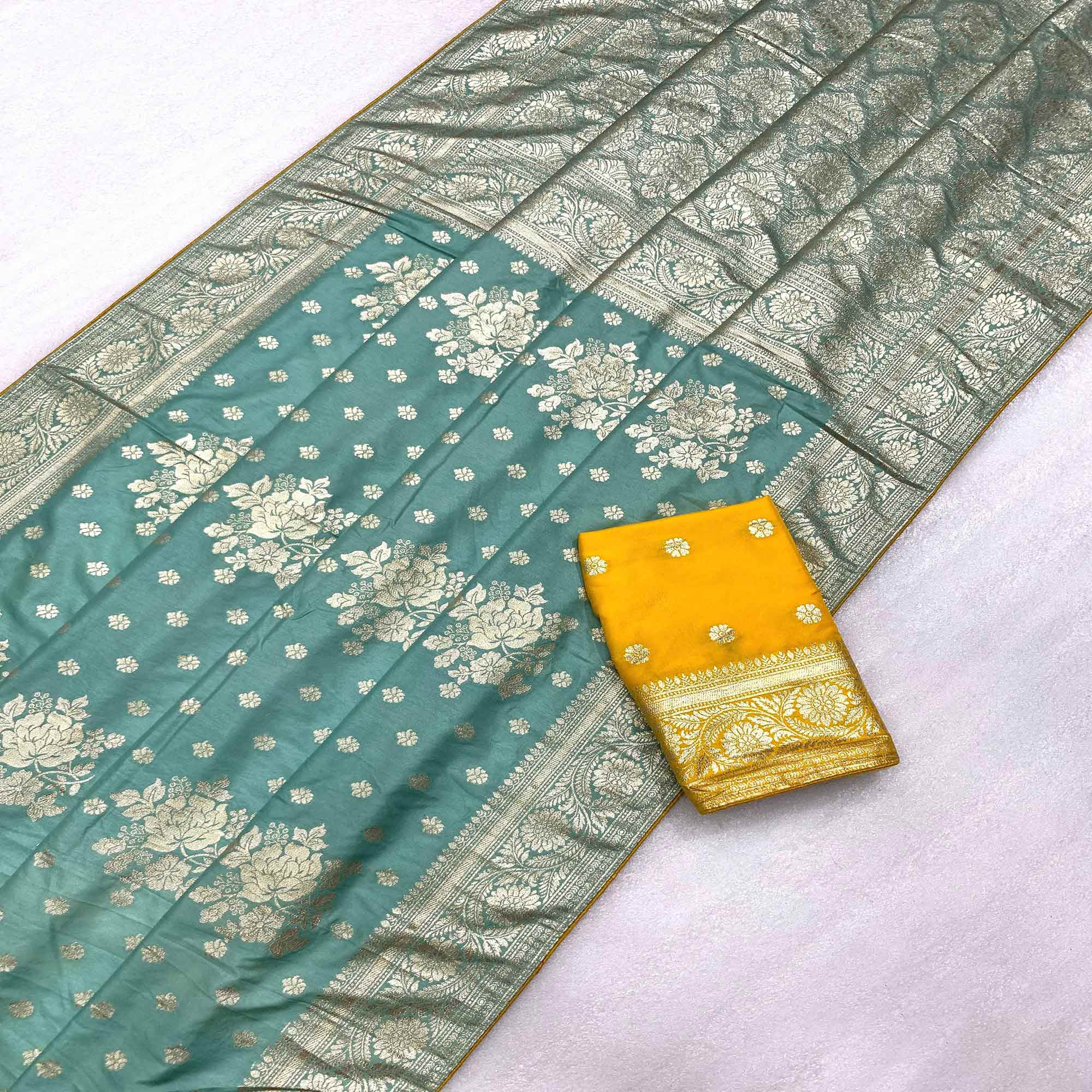 Turquoise Floral Woven Dola Silk Saree