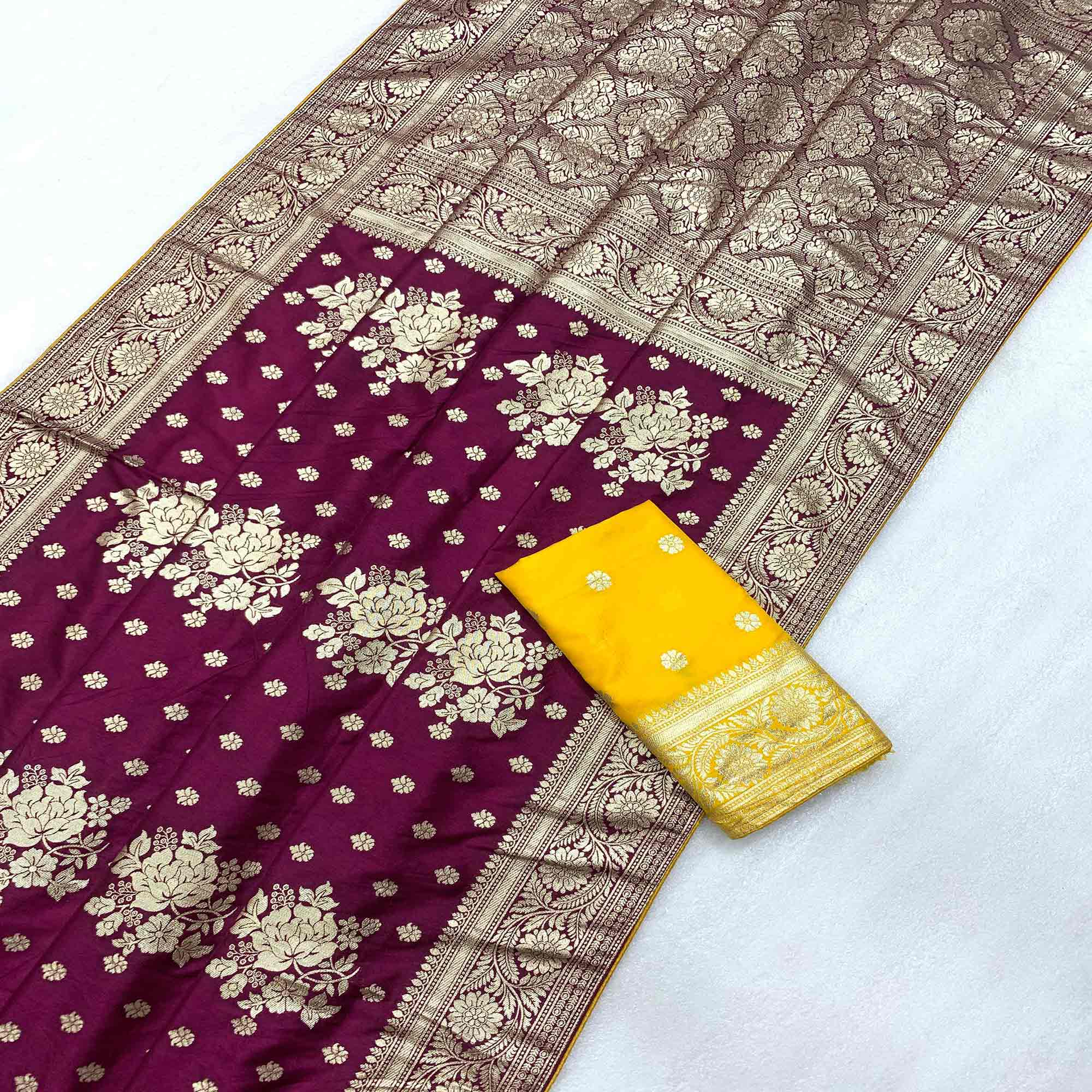 Wine Floral Woven Dola Silk Saree