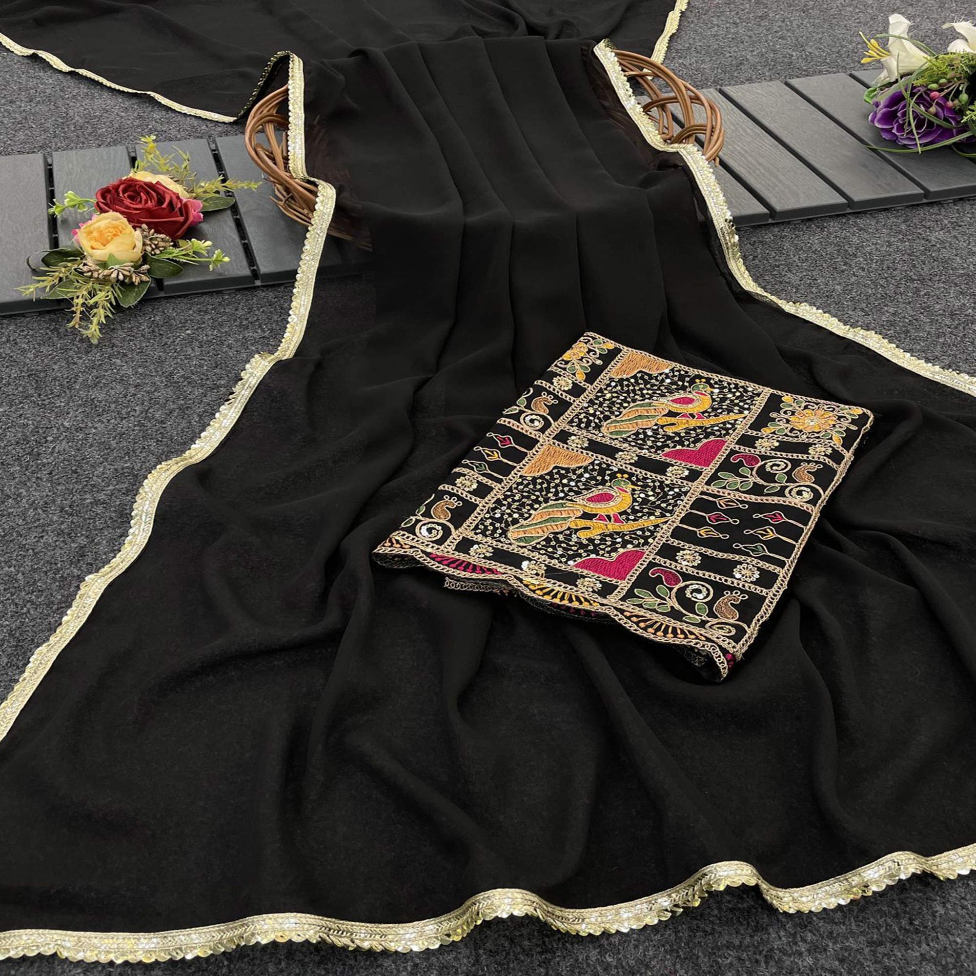 Black Solid Georgette Saree With Sequins Embroidered Border