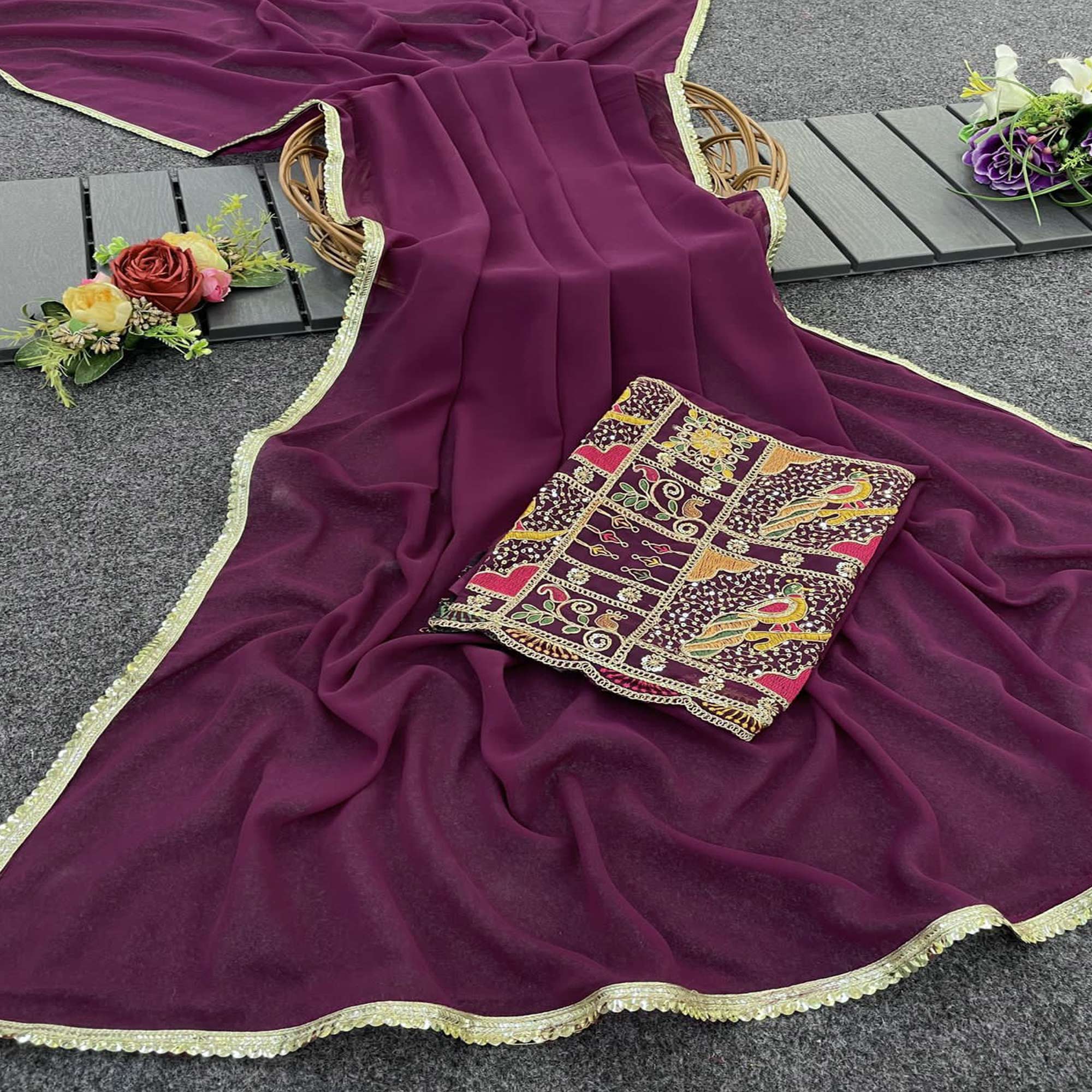 Wine Solid Georgette Saree With Sequins Embroidered Border