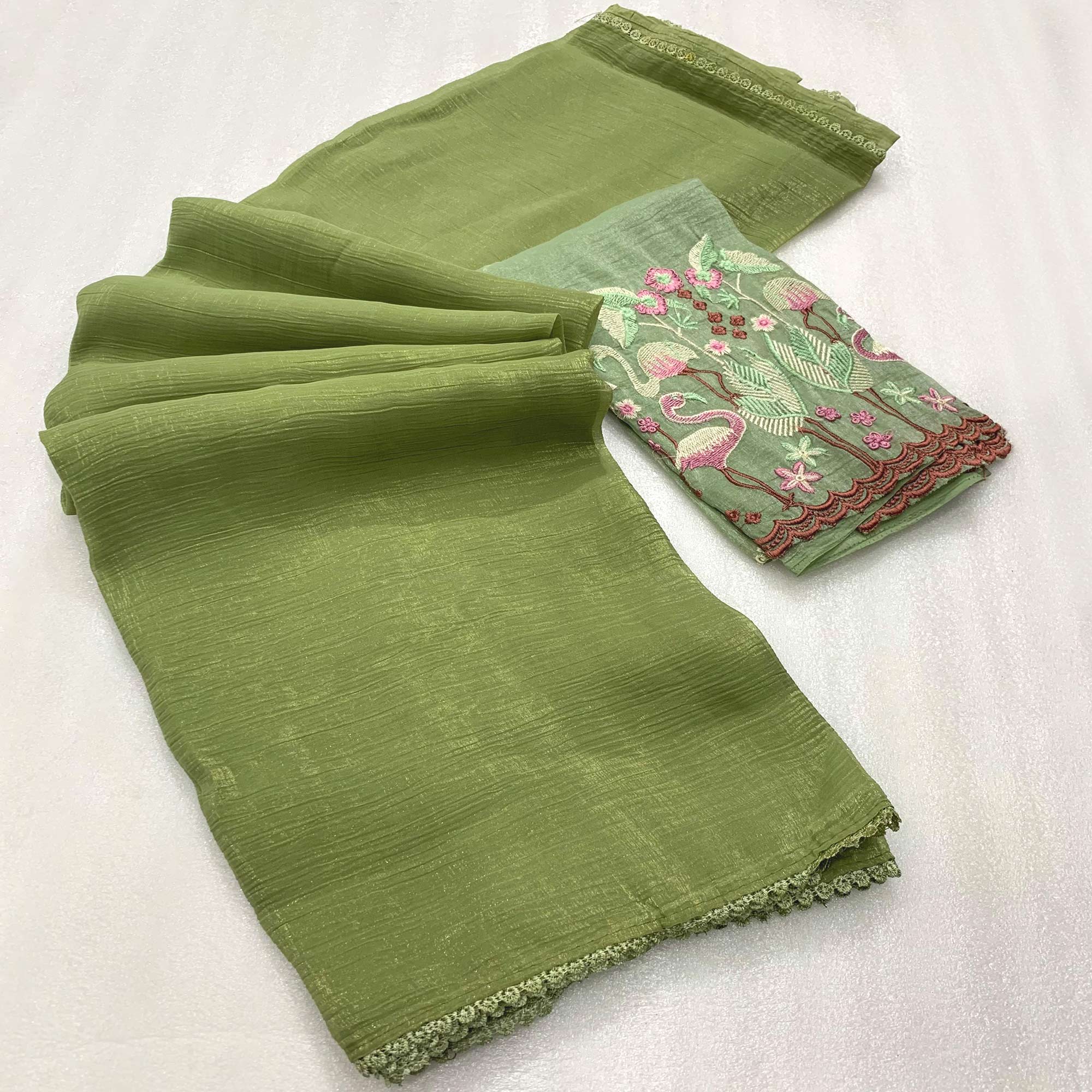 Green Solid Crunchy Crepe Saree With Embroidery Border