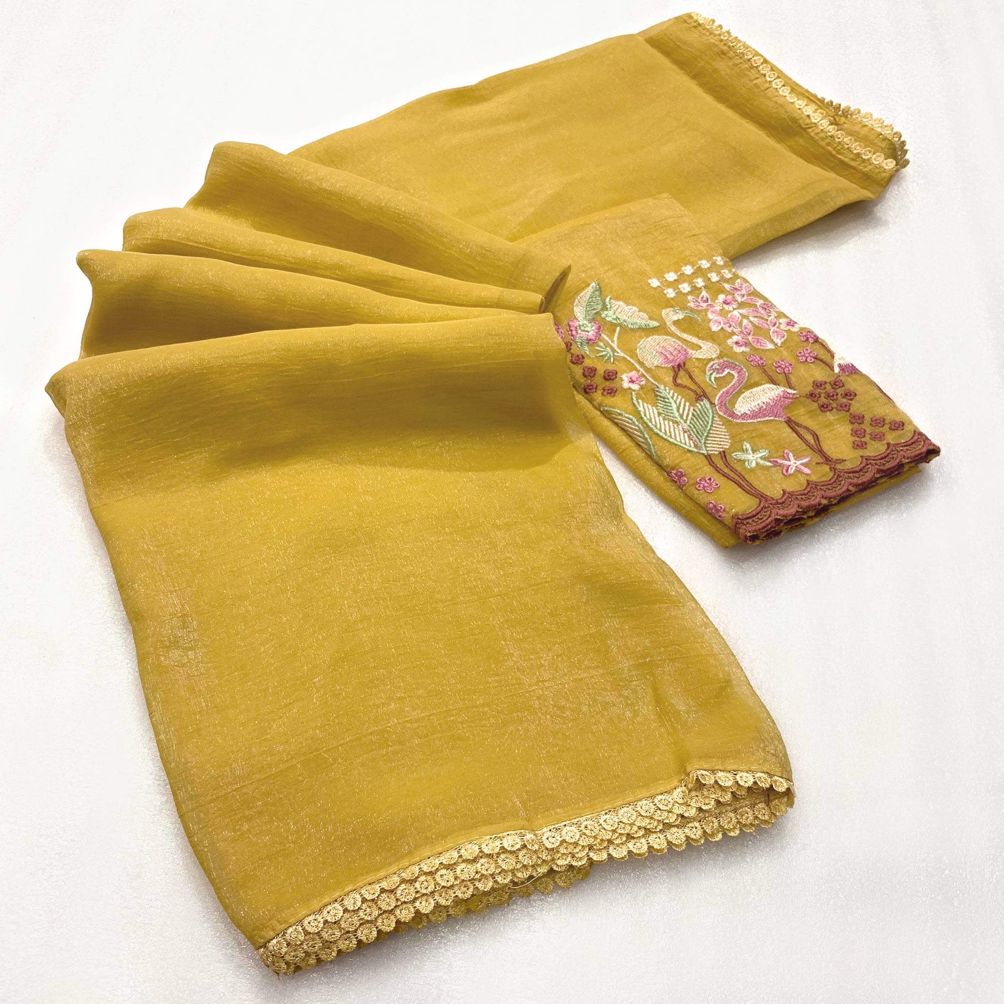 Mustard Solid Crunchy Crepe Saree With Embroidery Border