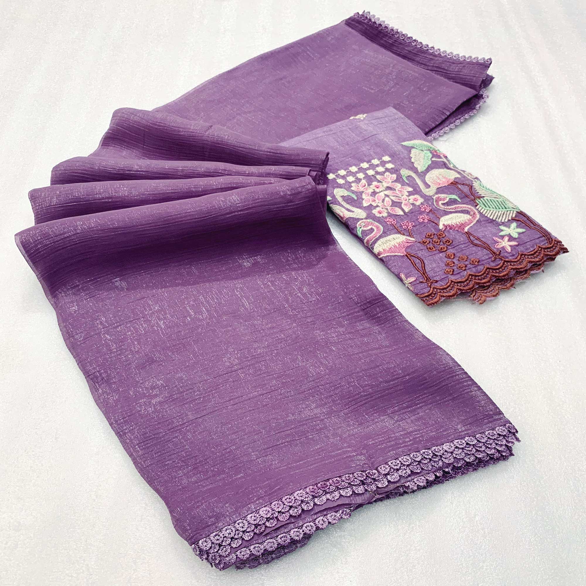 Purple Solid Crunchy Crepe Saree With Embroidery Border