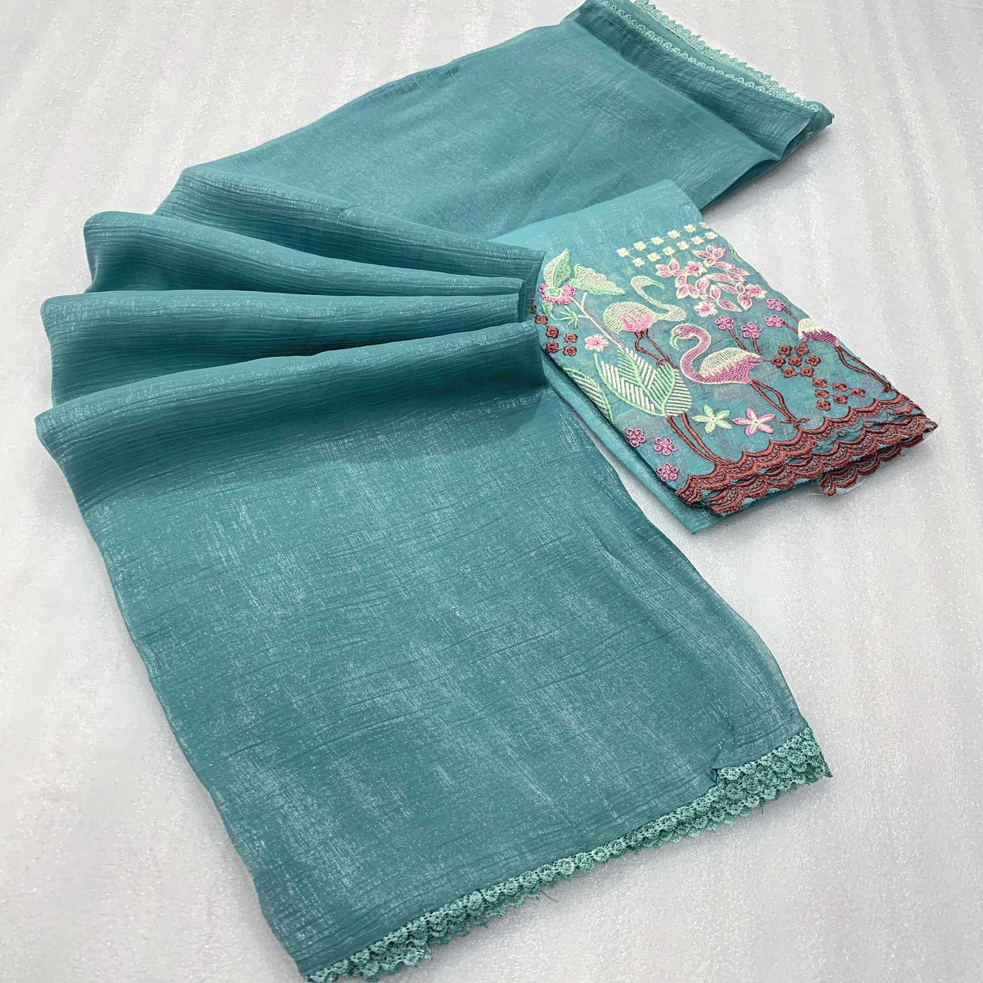 Teal Solid Crunchy Crepe Saree With Embroidery Border