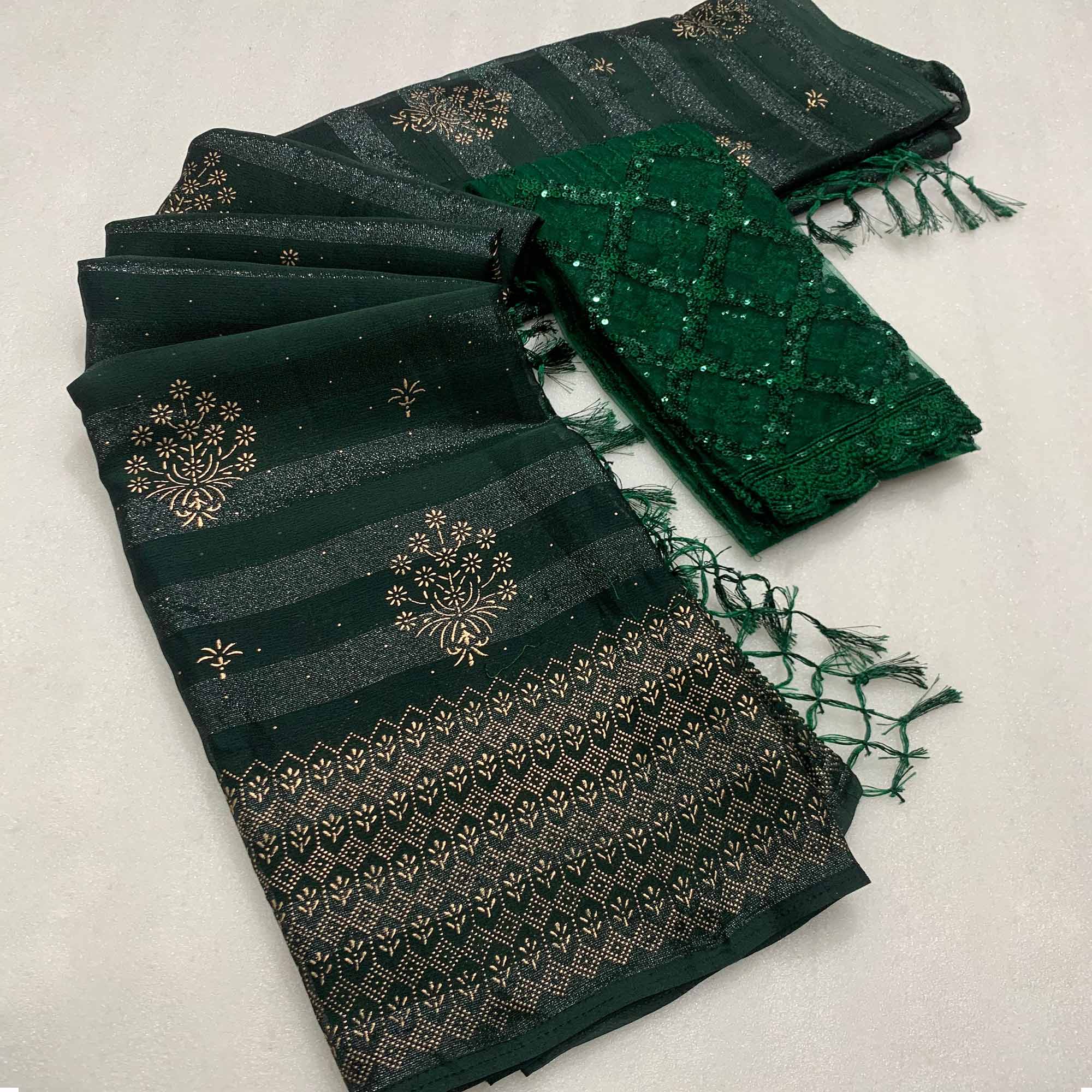 Green Emboss Floral Foil Printed Moss Art Silk Saree