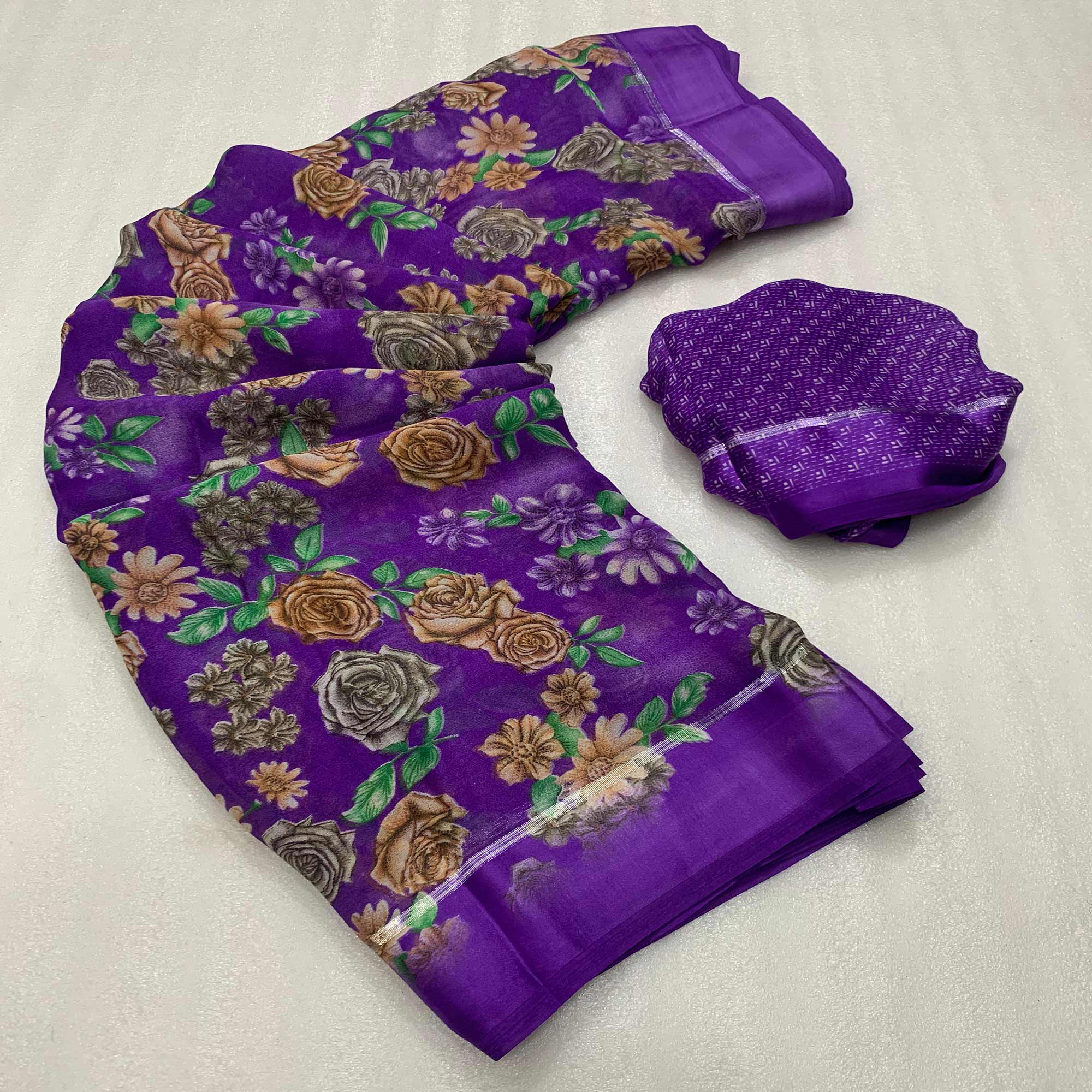 Violet Floral Printed Georgette Saree With Zari Border