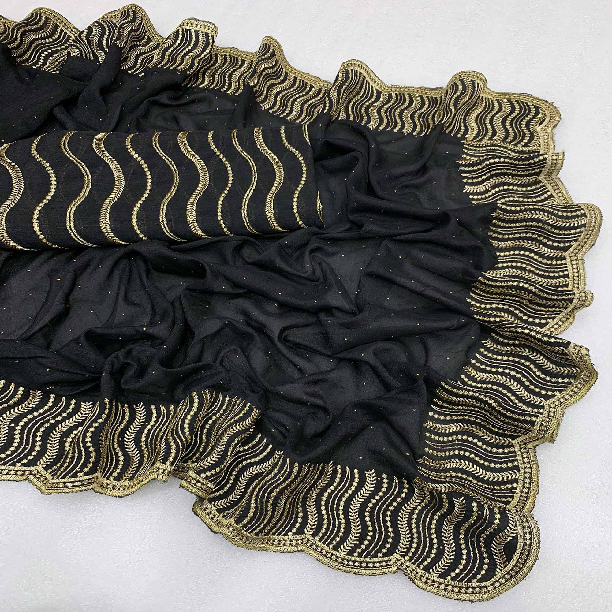 Black Embroidered With Swarovski Work Vichitra Silk Saree