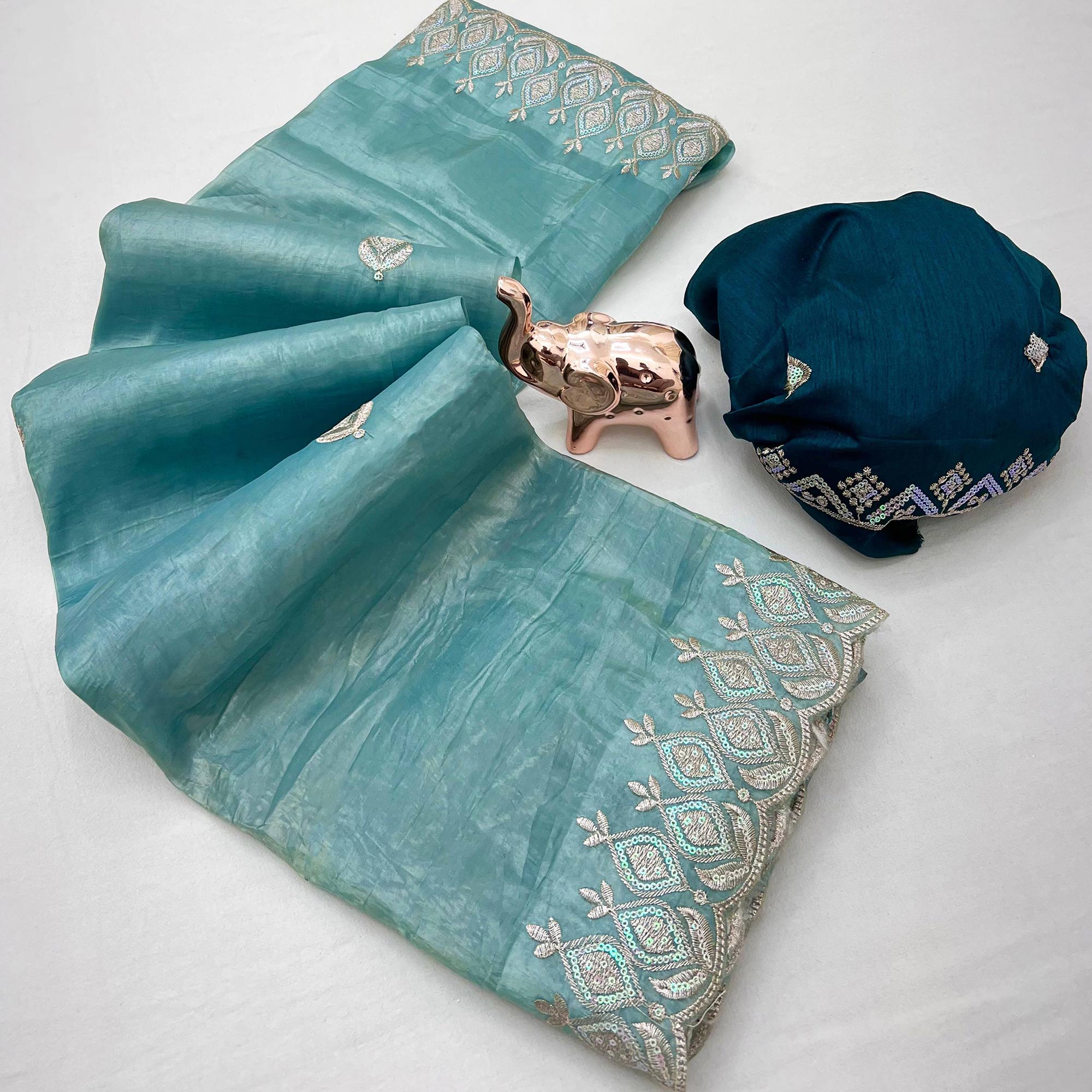 Blue Floral Sequins Embroidered Fancy Fabrics Crush Saree