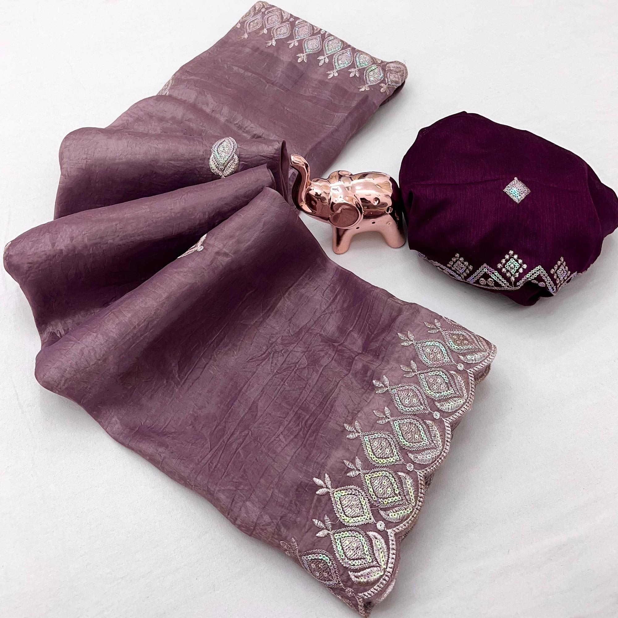 Dark Mauve Floral Sequins Embroidered Fancy Fabrics Crush Saree
