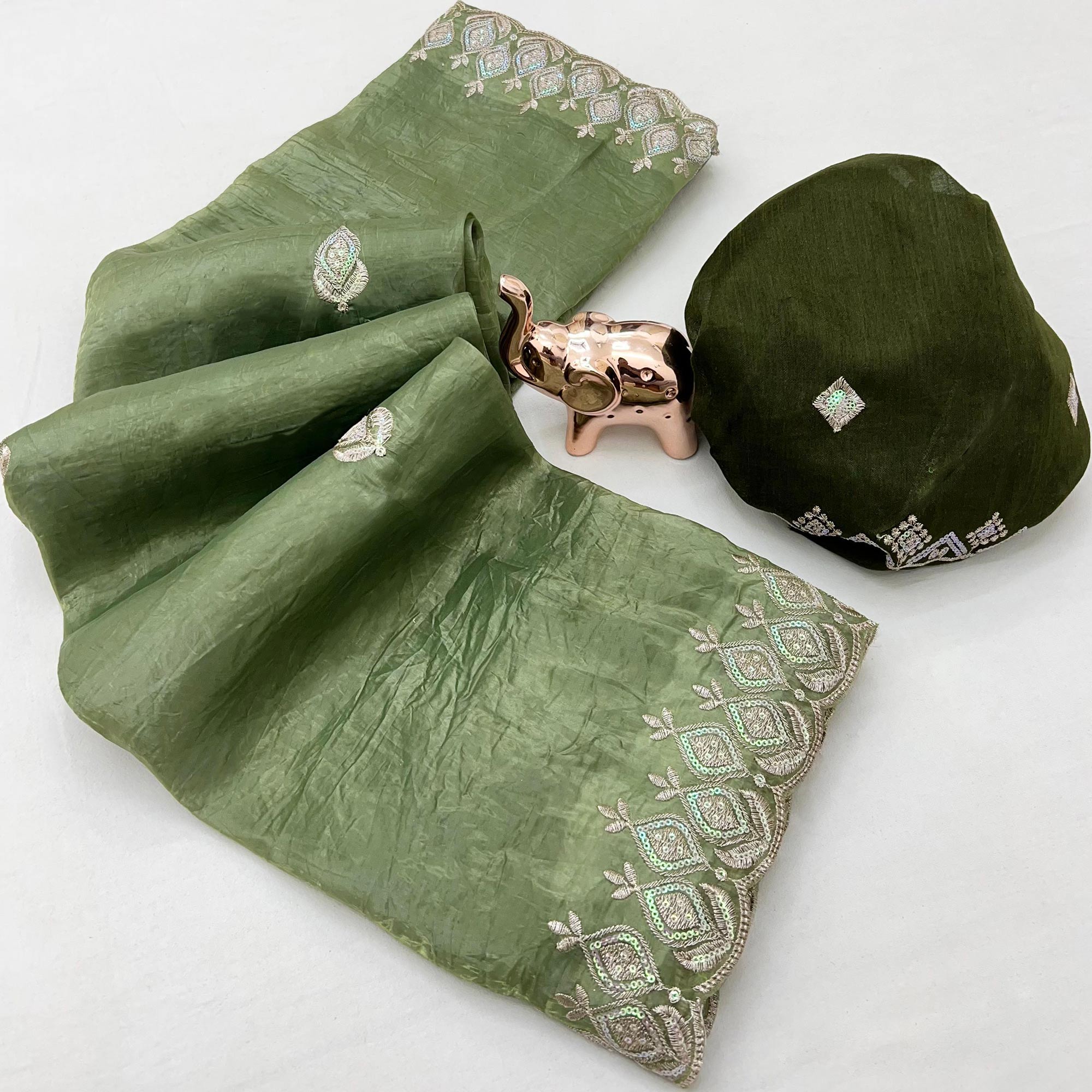 Green Floral Sequins Embroidered Fancy Fabrics Crush Saree