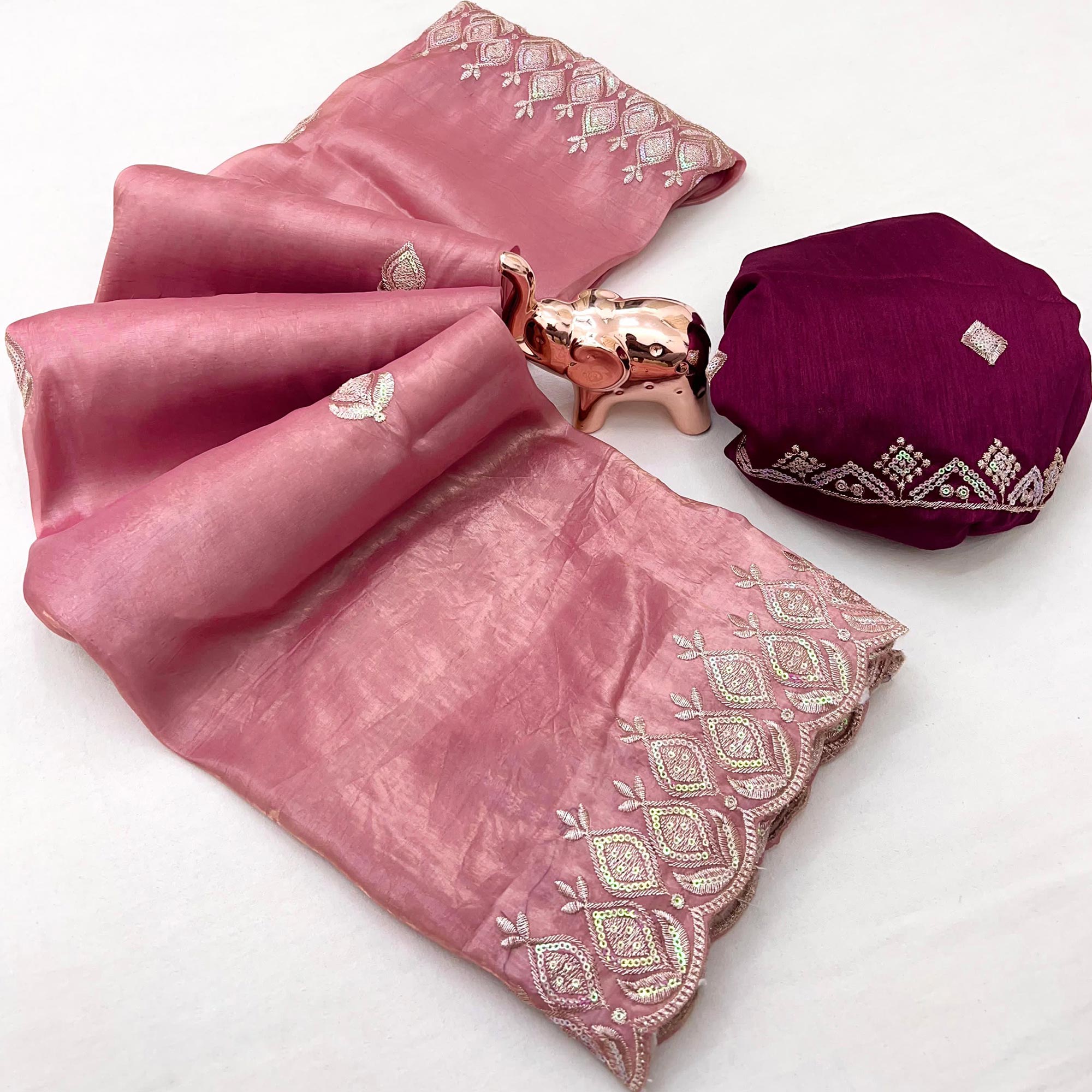 Pink Floral Sequins Embroidered Fancy Fabrics Crush Saree