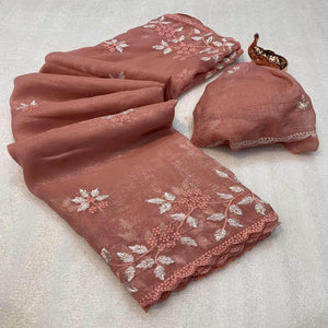 Dusty Peach Chiffon Saree Adorned With Delicate Floral Thread Embroidery