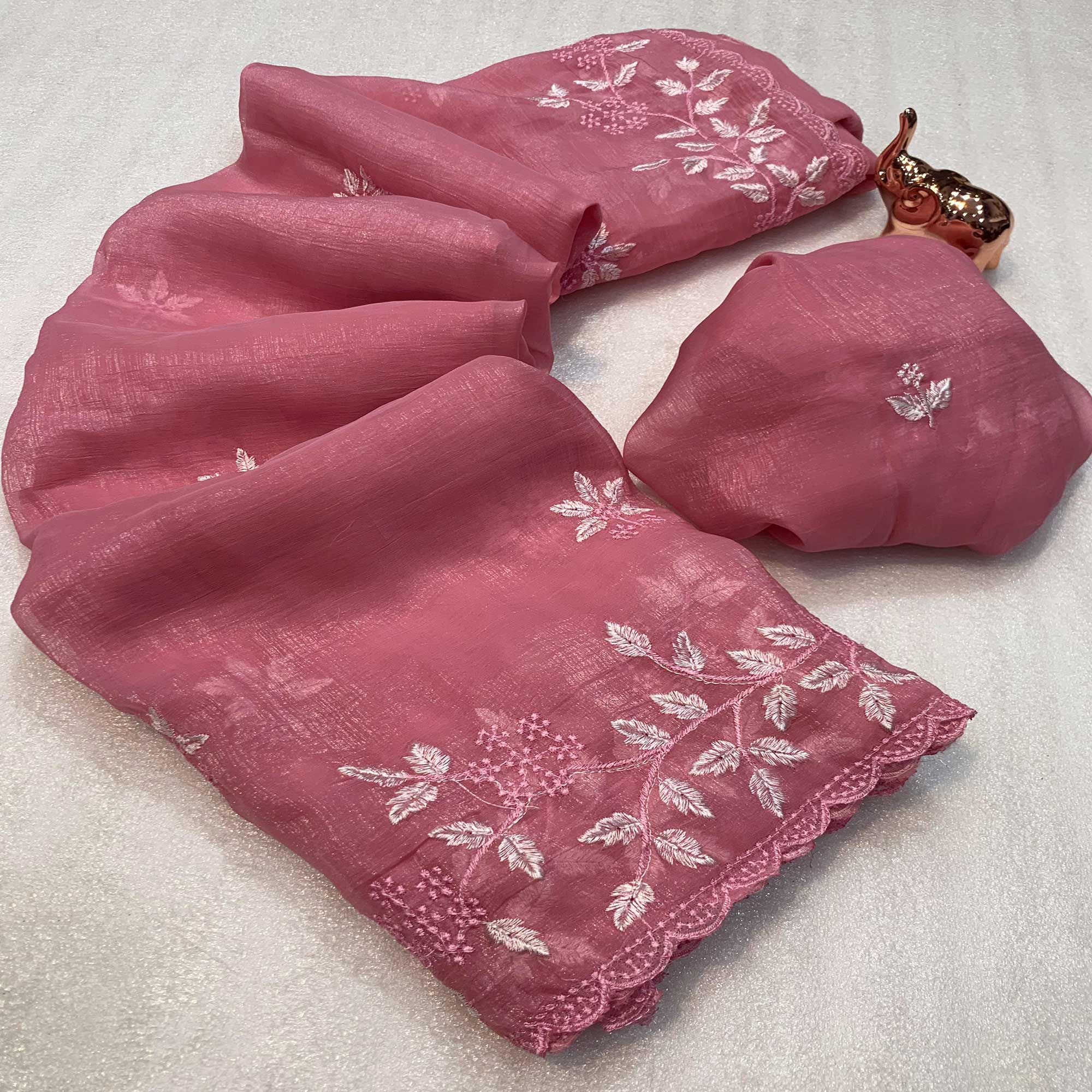 Dusty Rose Pink Chiffon Saree Adorned With Delicate Floral Thread Embroidery
