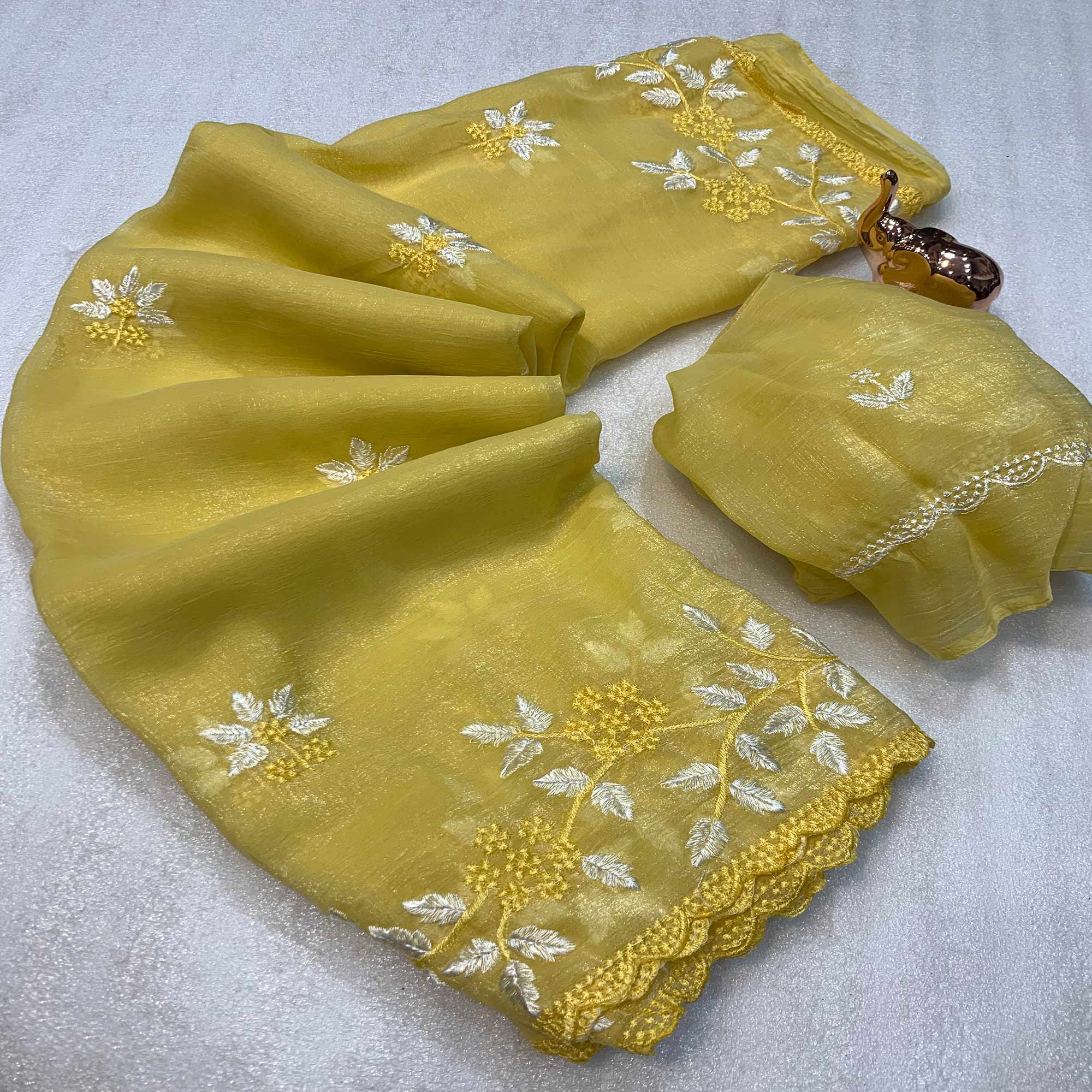 Yellow Chiffon Saree Adorned With Delicate Floral Thread Embroidery