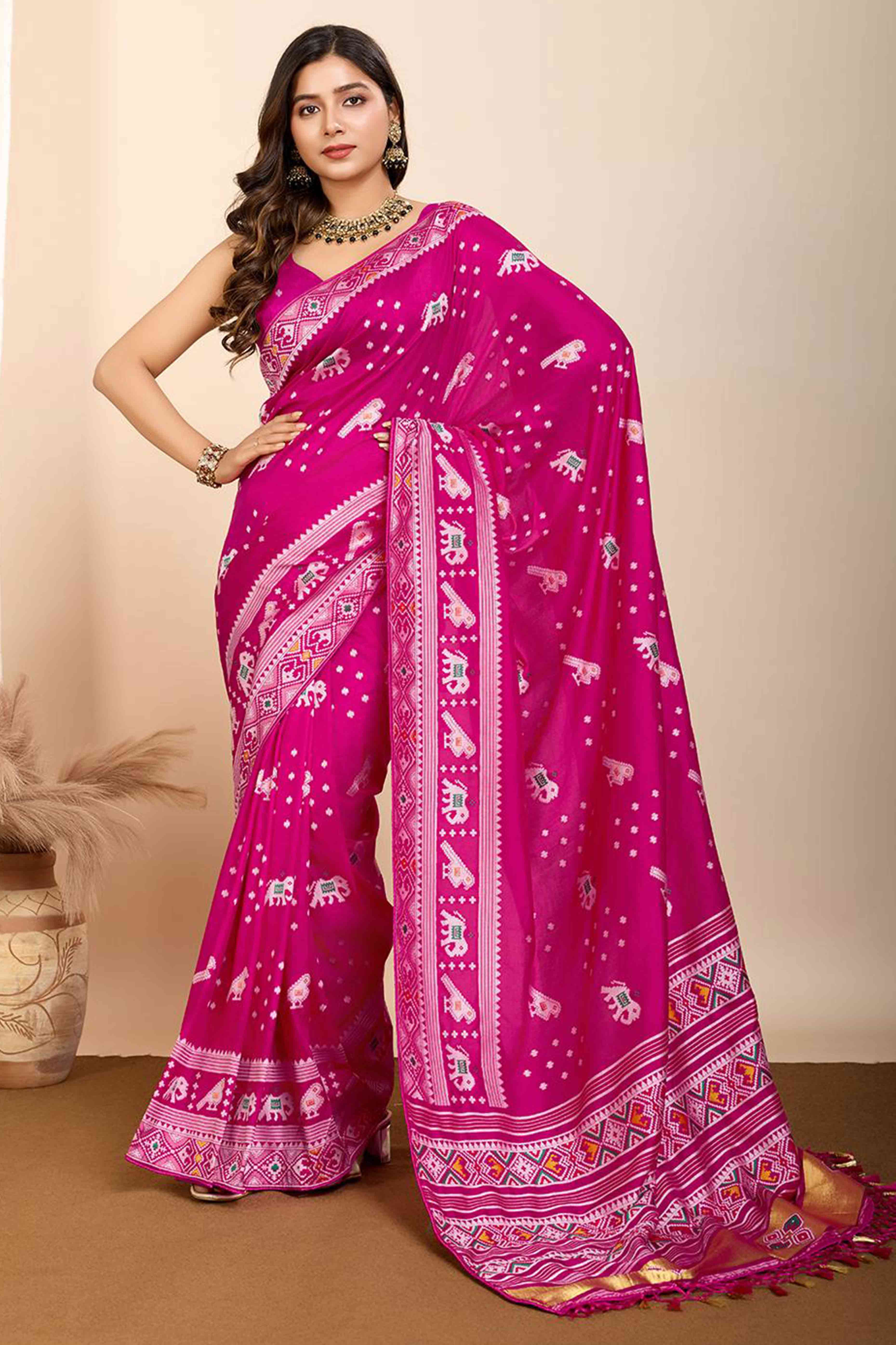 Pink Woven Dola Silk Patola Saree With Tassels